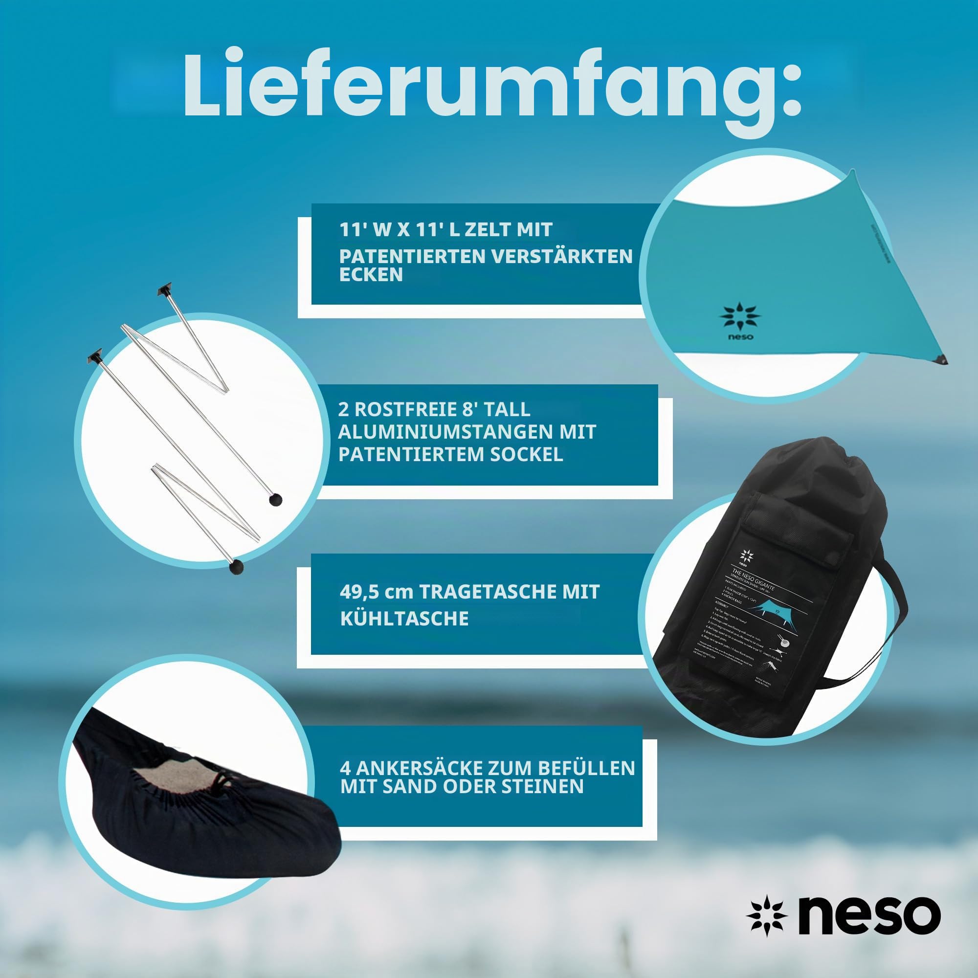 Neso Strandmuschel Gigante 2,5 m hoch 3,3 x 3,3 m | verstärkte Ecken und Kühlfach | Farbe: