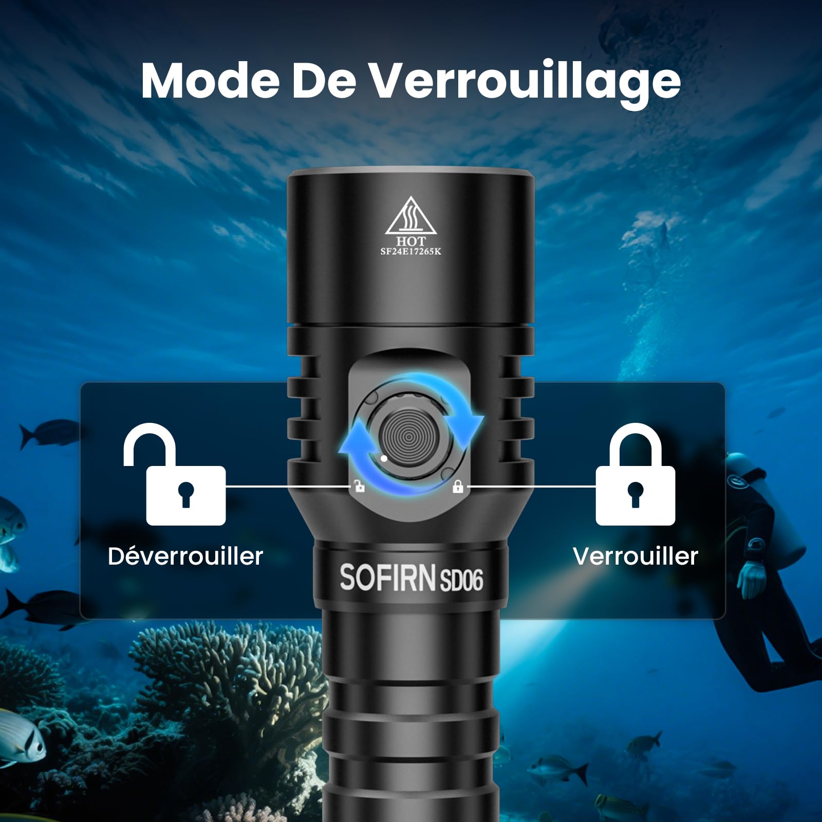 CSTEBOKE Sofirn SD06, lampe de plongée 3200 lm, portée 472 m, IPX8, perles lampe STF70, 6500 K, lampe de plongée professionnelle avec mode verrouillage et interrupteur magnétique