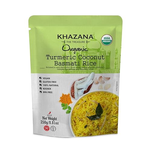 Khazana Arroz basmati orgánico listo para calentar (paquete de 6) cúrcuma y coco, bolsas de 8.8 onzas, sin OMG, vegano, sin gluten y kosher, arroz