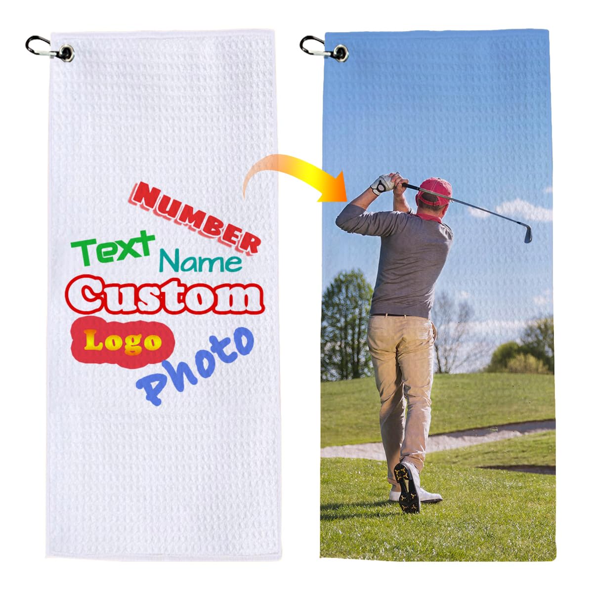 Yakify Personalized Golf Towels Bulk with Photo Logo Text Custom Microfiber Golf Towel with Clip for Men and Women, Golf Accessories, Golf Bag, Gym Towel Durable and Machine Washable (15.7" x 39.4")