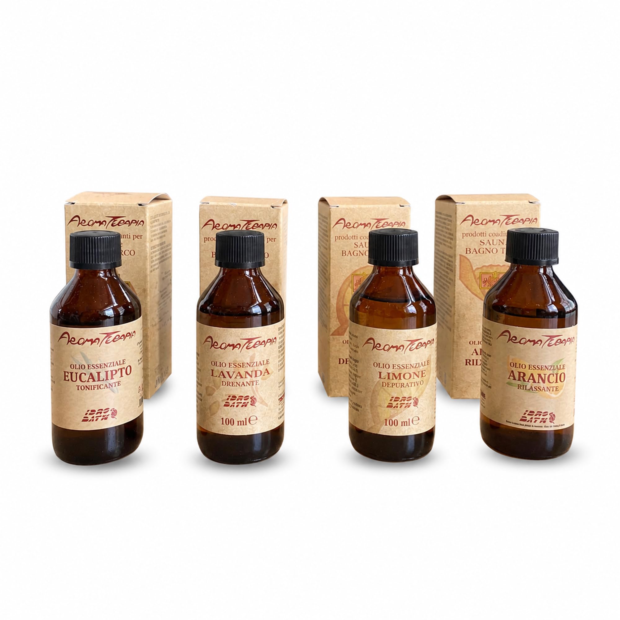 IDROBATH Aromatherapie-Set für Saunen und Dampfbäder, 4 x 100 ml | Aroma- und Duftset auf der Basis einer Mischung ätherischer Öle: Orange, Eukalyptus, Zitrone und Lavendel.