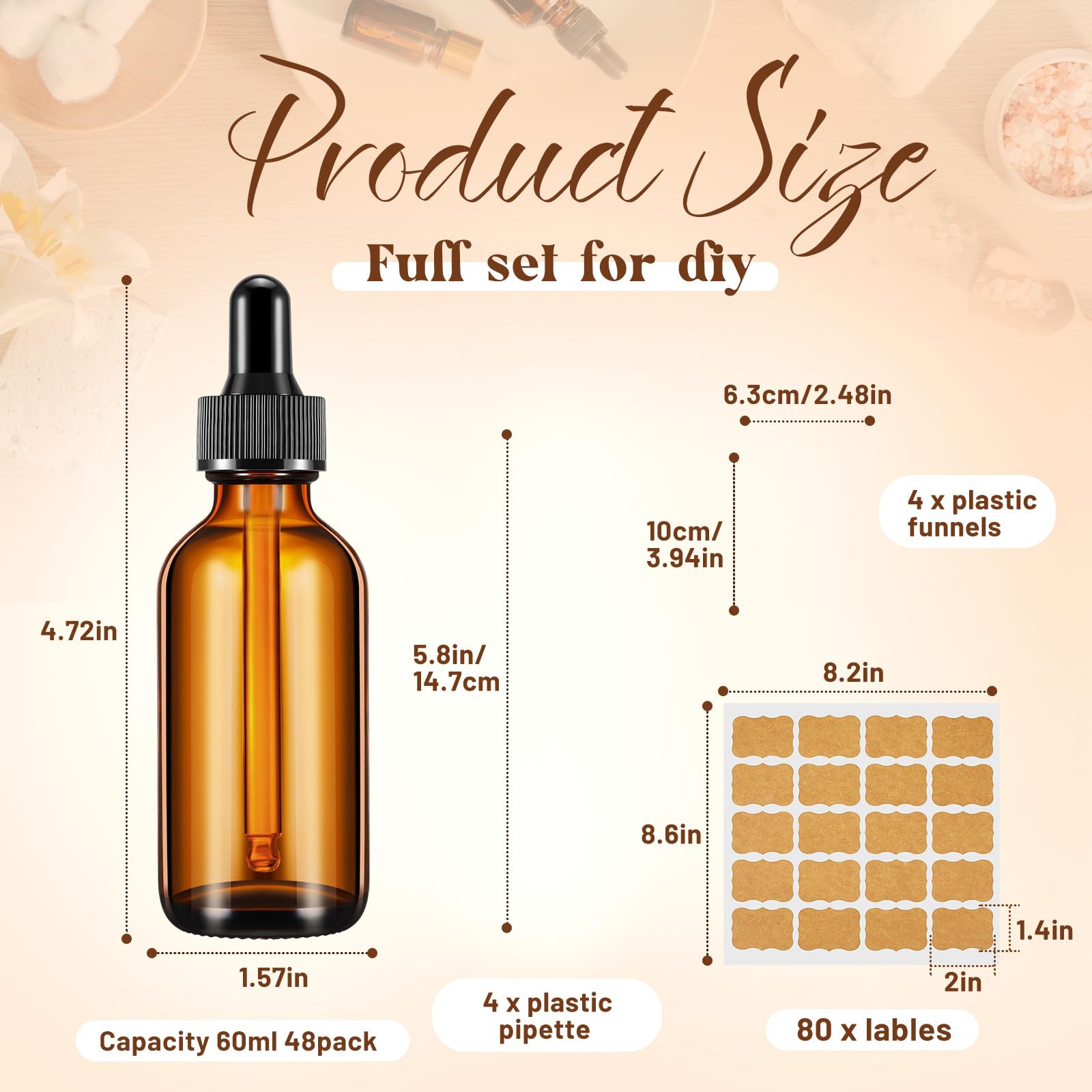 Lallisa 48 Pcs Glass Dropper Bottles with Eye Dropper Dispensers Lab Dropping Bottles with 4 Pcs Long Pipettes 4 Funnel and 80 Label for Travel Cuticle Massage Essential Oils Perfume (Amber,2 oz)