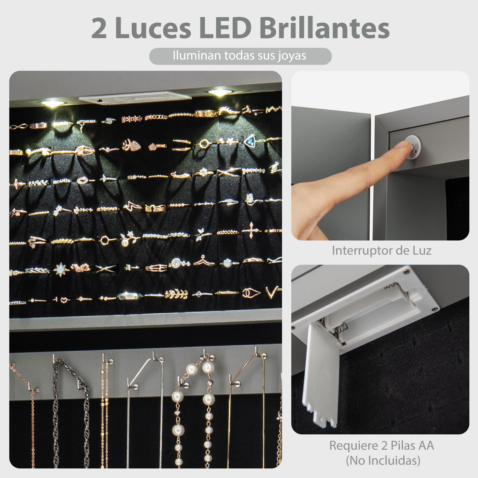COSTWAY LED Armario con Espejo Joya Organizador de Puerta o Pared con Llave Gris