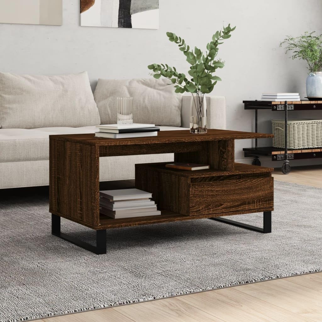 SXZenSpace Coffee Table Brown Oak 90x49x45 cm Engineered Wood, Small with Drawer and Metal Legs, Modern Side for Living Room or Sofa Corner