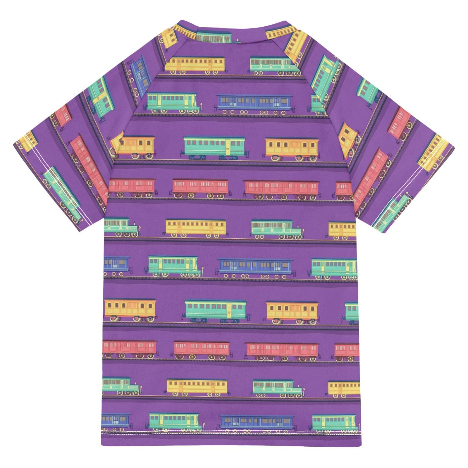 Girls Bathing Suit Short Sleeve Kids Rash Guard Swim 11T Train Cars Purple