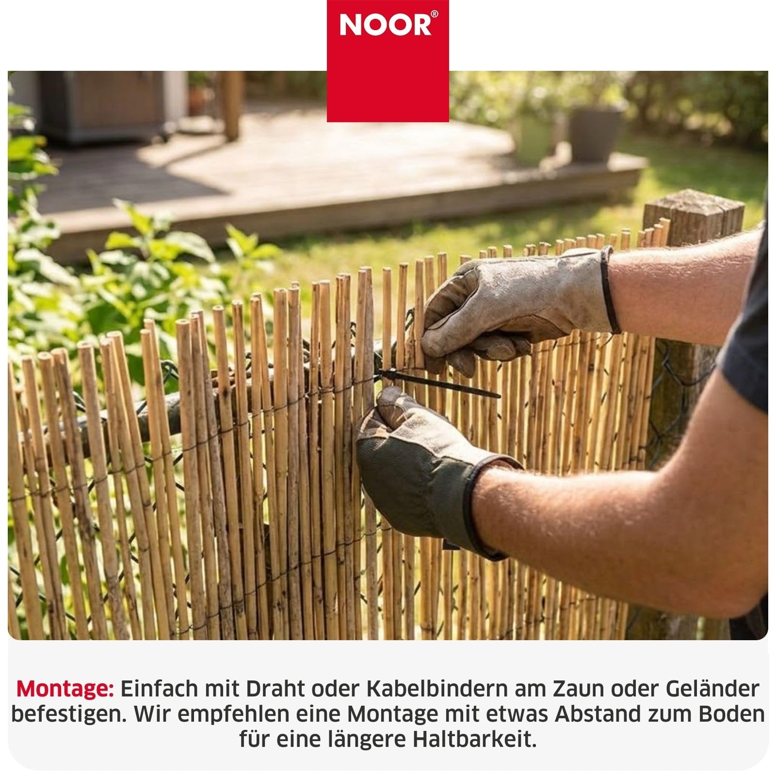 NOOR Schilfrohrmatte NIZZA - Sichtschutzmatte Schilfzaun - Natur 2,0x6,0 m | Natürlicher Sicht- & Windschutz aus Schilfrohr für Garten, Terrasse & Balkon - Zaunblende verwebt mit verzinktem Draht