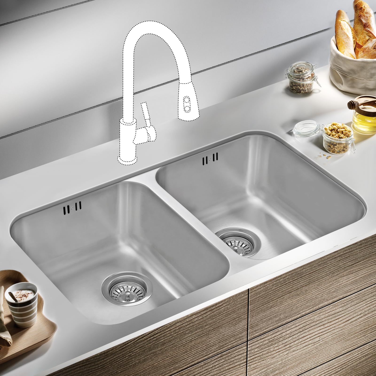 JASSFERRY Fregadero de cocina dos senos, de Acero Inoxidable, bajo encimera, con colador de residuos Large