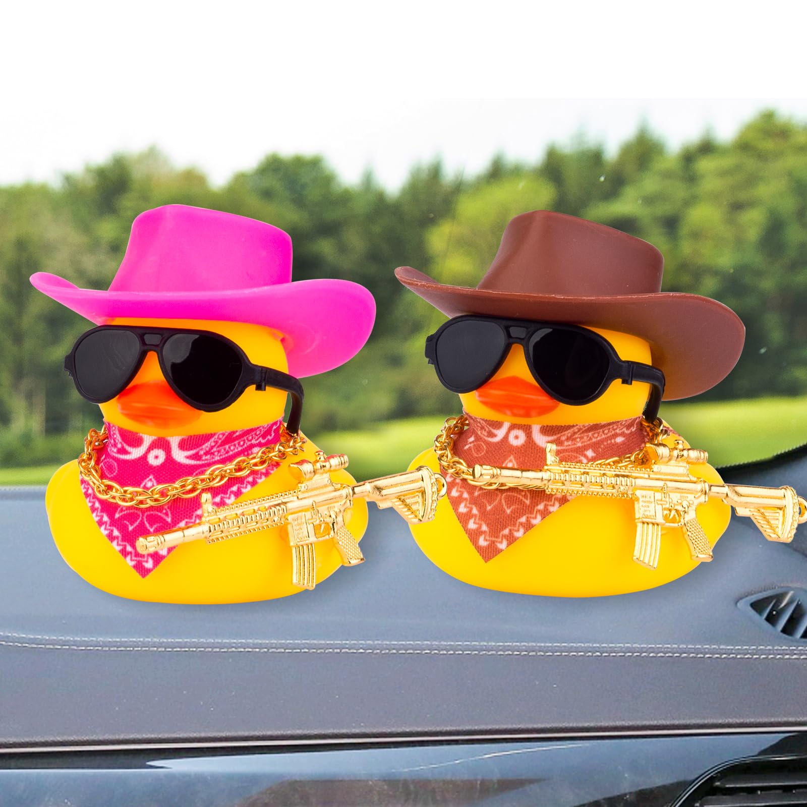 2pcs Canard Tableau De Bord Voiture - Décoration Intérieur Amusante Cowboy Lunettes Et Collier Doré