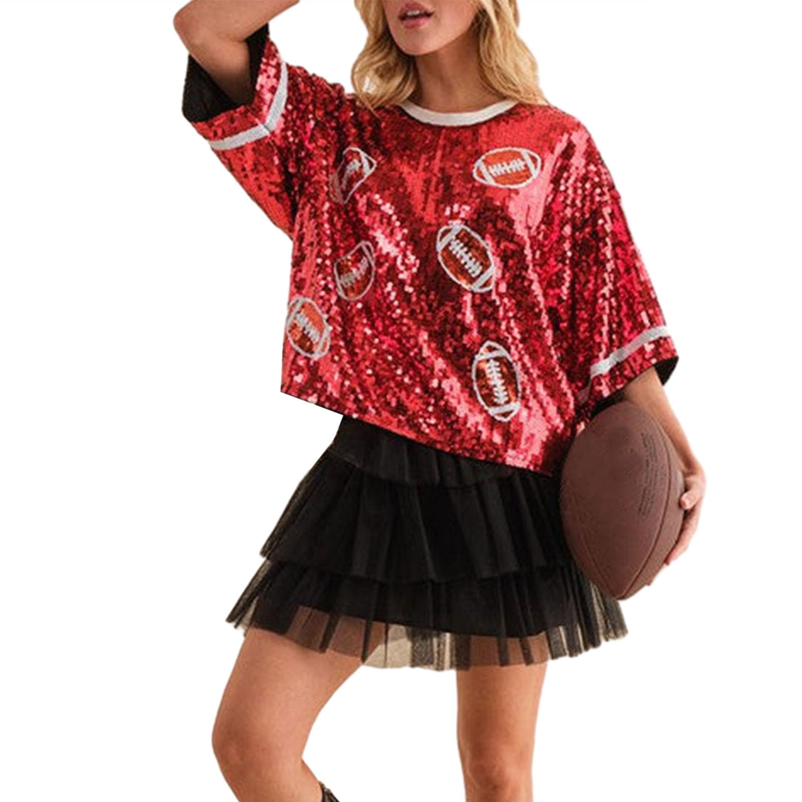 Womens Sparkle Football Sequin Rugby Shirt Y2K Game Day Short Sleeve Crewneck Oversized Glitter Tee Tops