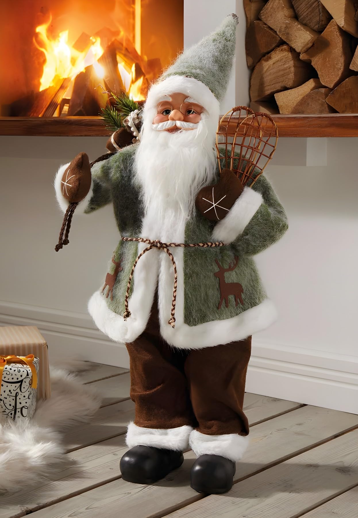 Dekoleidenschaft Figurine de Père Noël décoratif de 60 cm de haut, avec raquettes à neige et sac cadeau, figurine de Père Noël
