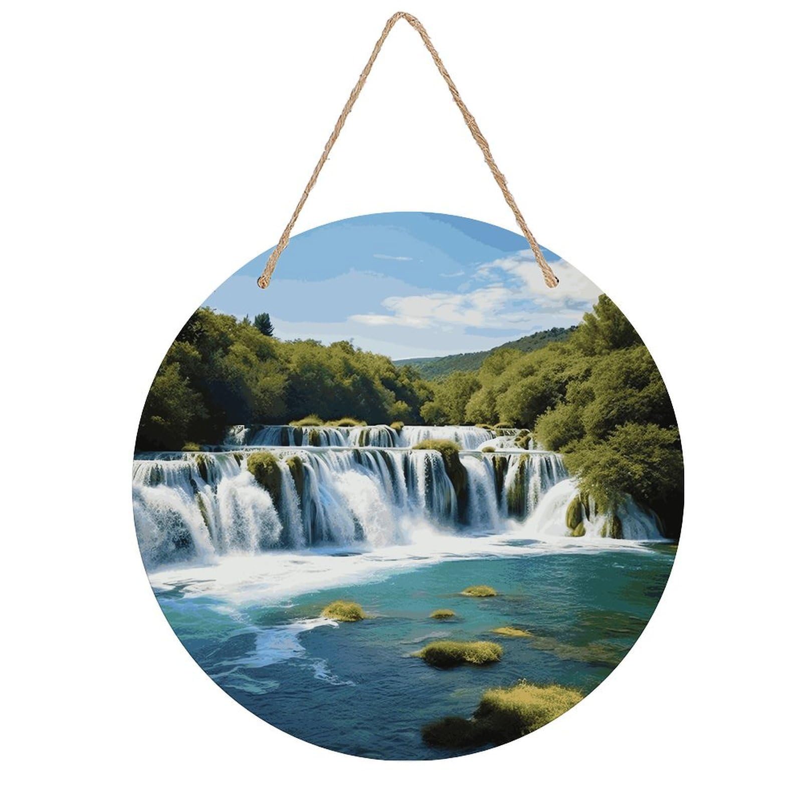 FekiLoot Waterfalls on Krka River Wall Art Decor Round Wood Hanging Sign Decoration Wooden Circle Door Sign Round Hanging Decorative Wood Plaque Door Hanger for Home Outdoor Indoor Decoration