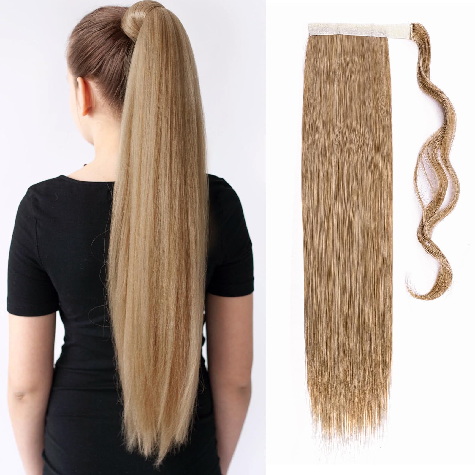 TESS Clip in Ponytail Extension Blonde 23",Hair Extensions Ponytail Synthetic Wrap Around Long Straight Fake Pony Tails Hair Pieces for Women(#27/613)