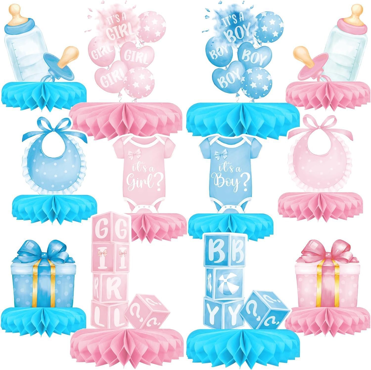 Toyhood 12pcs Gender Reveal Decoration Set, Baby Table Honeycomb Centerpieces, Pink and Blue, Boy or Girl, Balloon Baby Bottle Box Decor, for Baby Shower Gender Reveal Pregnancy Announcements Decor