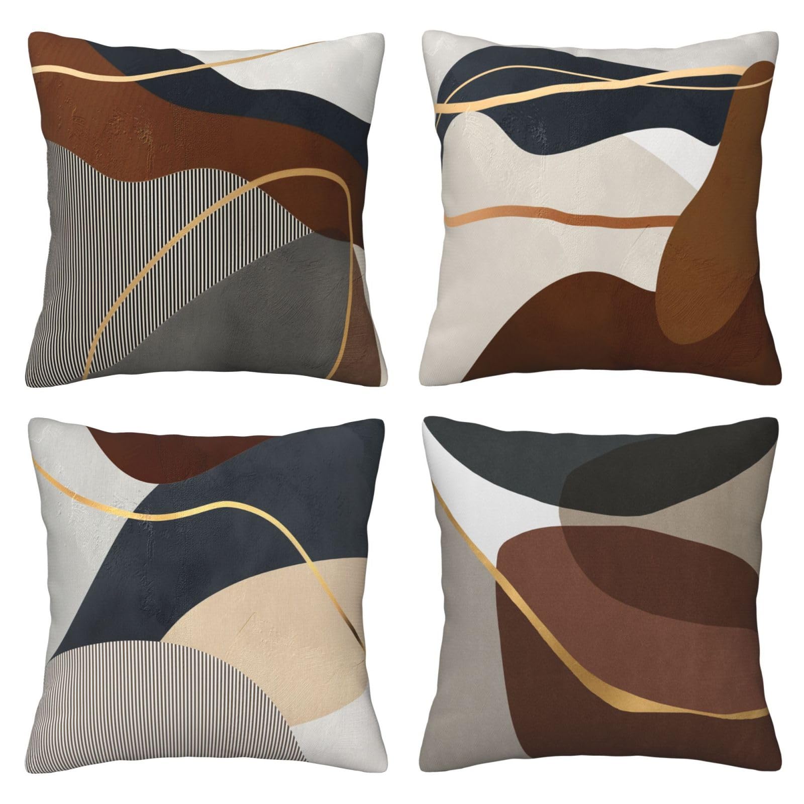 Set of 4 Decorative Cushion Covers 50 x 50 cm Brown Black Color Block Gold Lines Abstract Art Pillow Case Geometric Cushions Cover 20''x20'' for Outdoor Patio Garden Bed Sofa Couch Decor