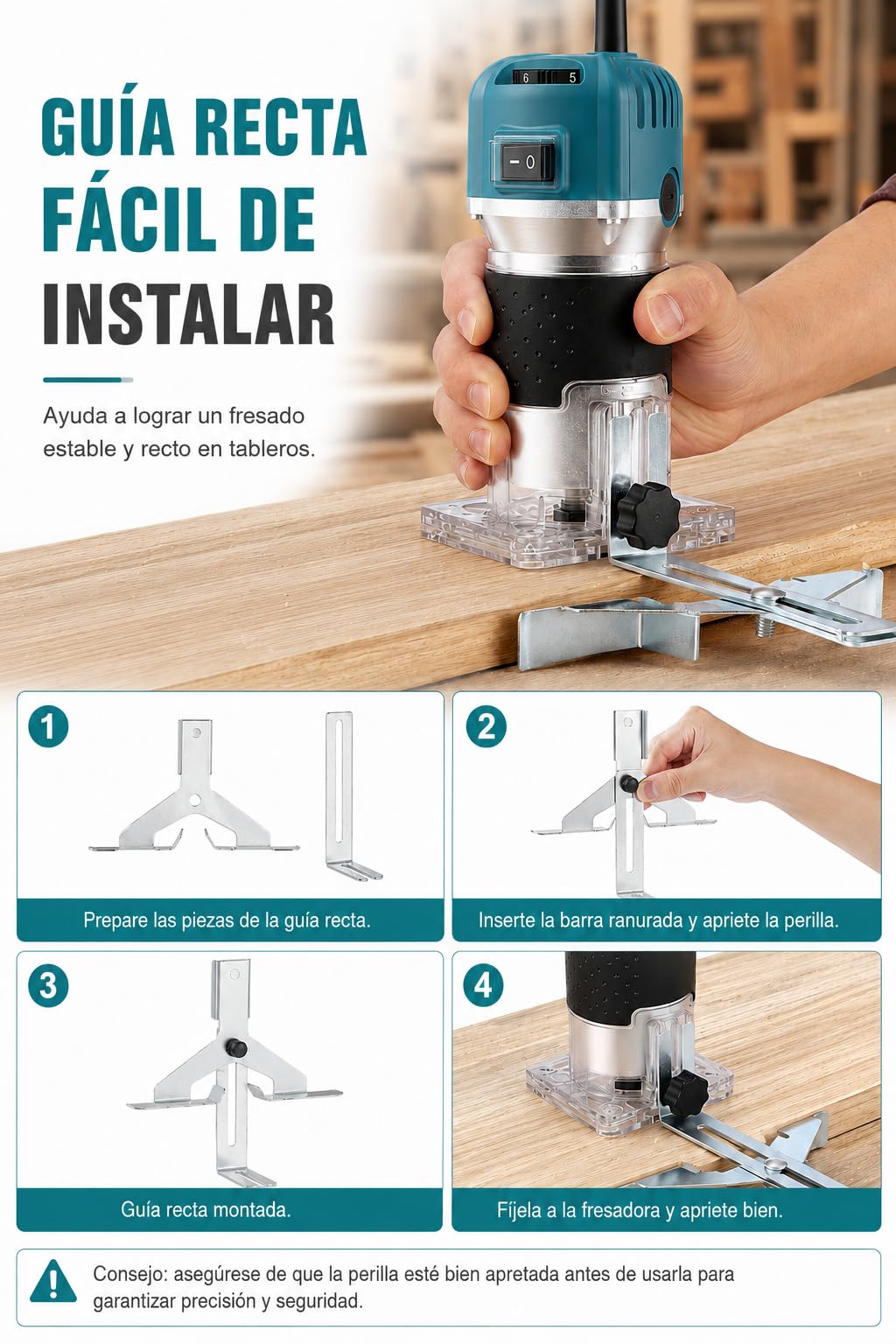 VOBOR Fresadora de Madera Rebajadora Eléctrica, 800W 30000 RPM Fresadora de Mano con 6 Velocidades Variables, 15 piezas 1/4'' Alicates, Pinza De Base Fija De 6/6.35MM