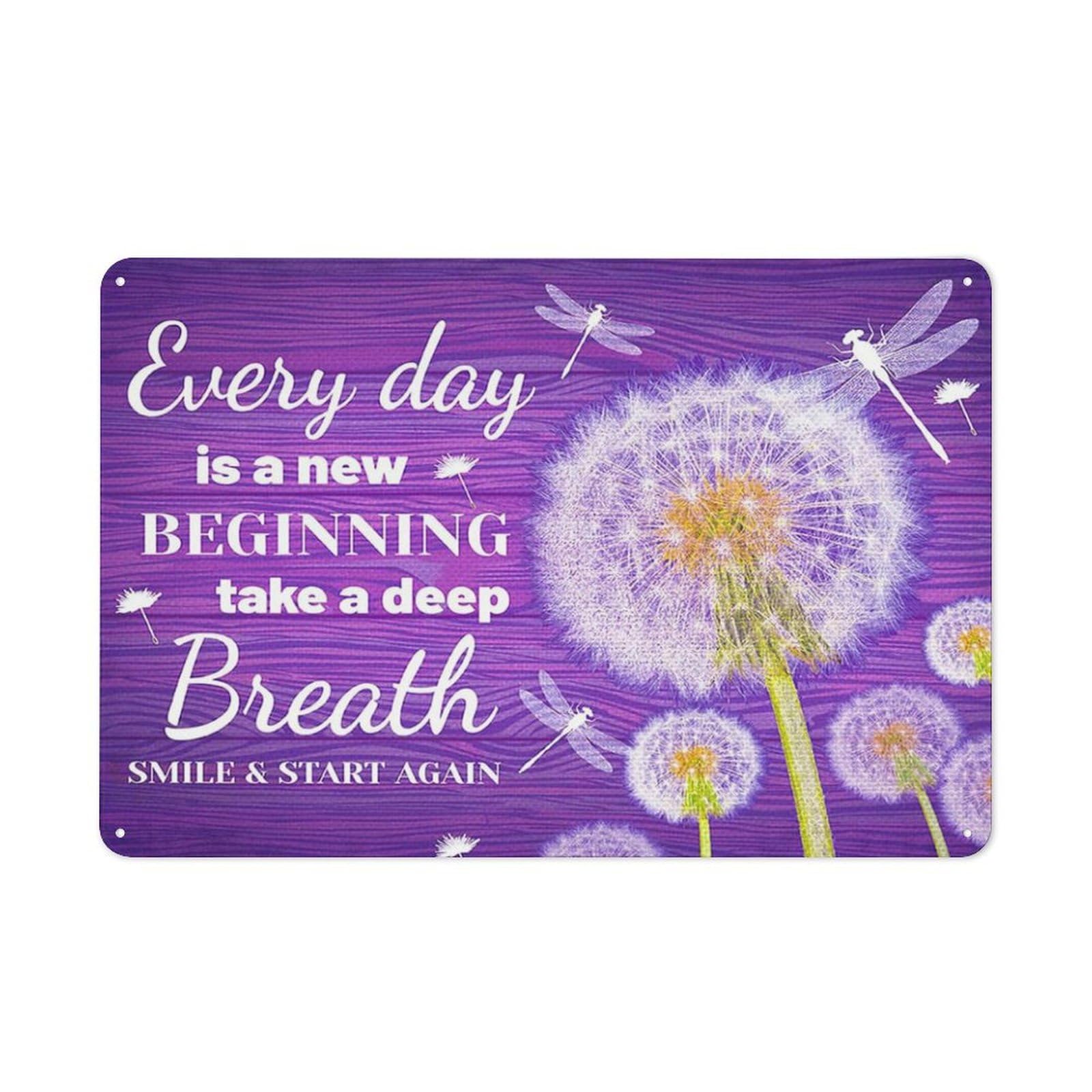 kisoyo Rustic Metal Tin Sign Every Day Is A New Beginning Wall Art,Purple Farmhouse Dandelion Inspirational Wall Art Artwork Picture Poster Decor For Home Bedroom Living Room 8x12 Inch