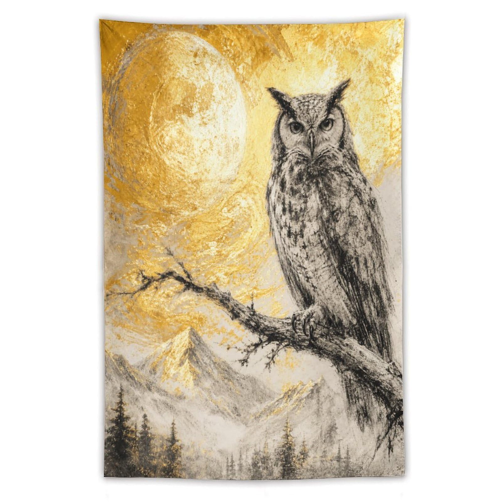 H3B8U2Y5 Owl on Golden Moon Branch Wall Tapestry, Realistic Illustration