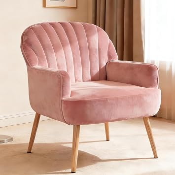 Velvet Upholstered Accent Chair Channel Tufted,Curved Pink Armchair with Metal Legs,Mid Century Modern Fabric Side Arm Chair,Armed Reading Chairs for Living Room Bedroom 1, Velvet Pink
