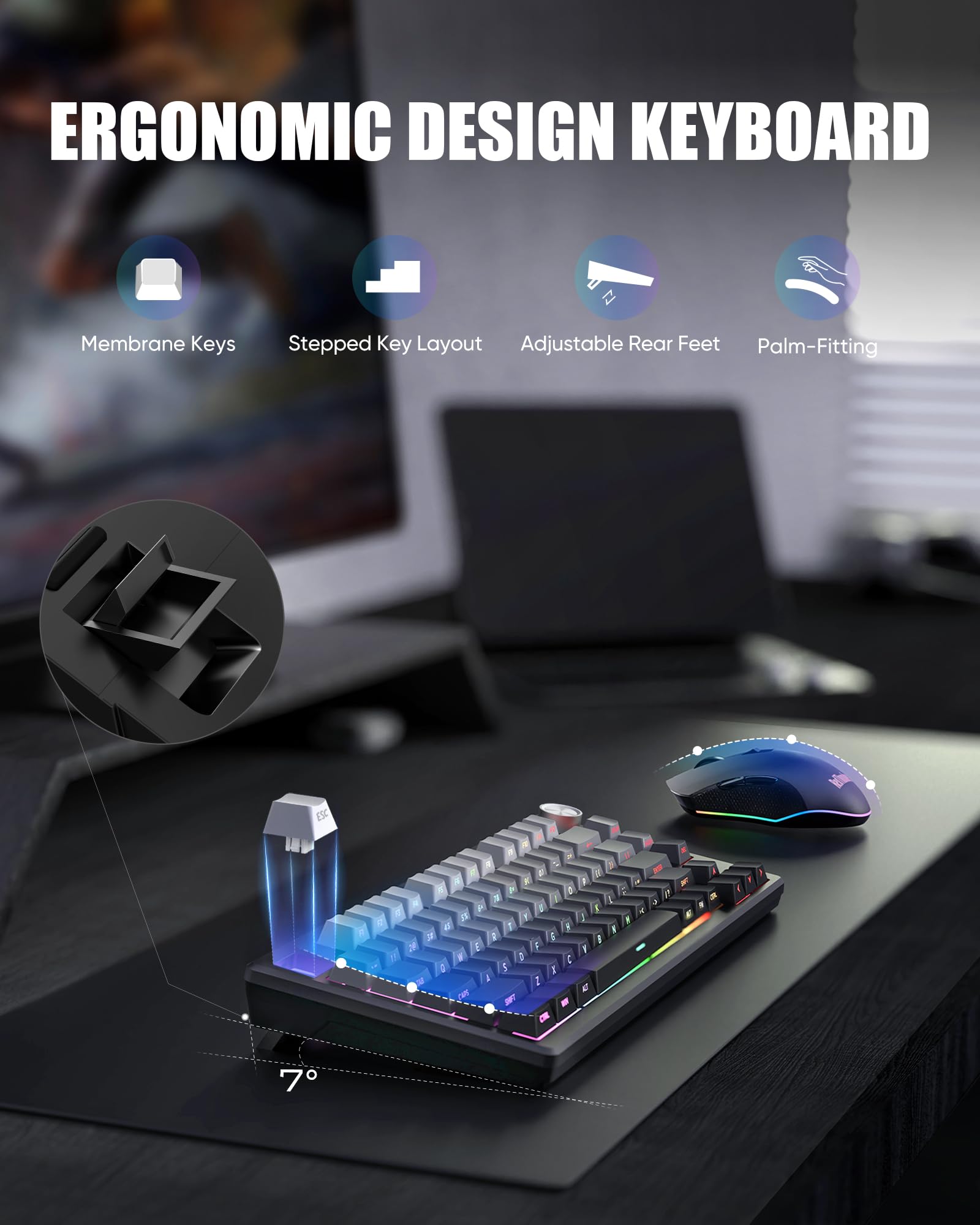 RedThunder K75 75% Wireless Membrane Keyboard and Mouse,3-Mode 2.4G/BT/USB-C,US Layout Side-Engraved,Volume Knob,TKL Ultra Compact Design,Optical Gaming Mouse with 4800DPI for PC Mac (Gradient Gray) — view 9