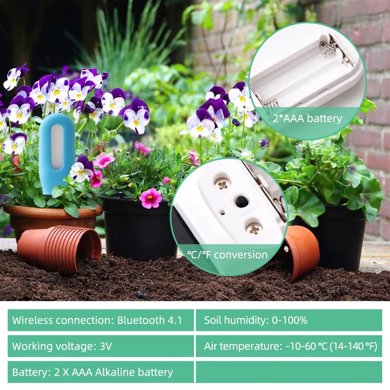 Probador de suelo inteligente con, Sensor humedad y temperatura, higrómetro tierra inalámbrico for plantar jardín, césped en maceta,Monitoreo preciso
