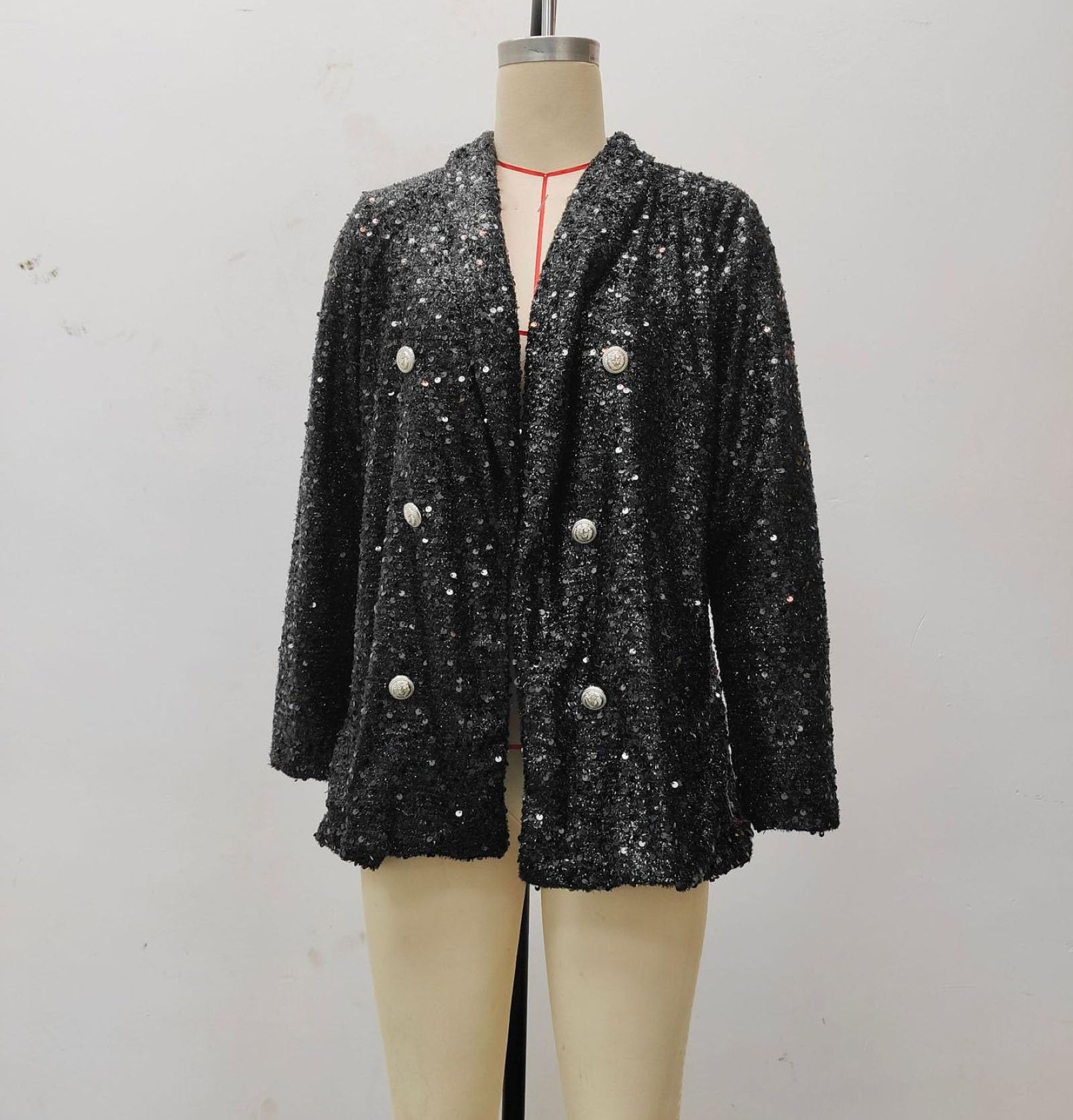 Giacca Lunga Da Donna Modello Blazer Doppiopetto Con Scollo A V Revers E Maniche Lunghe Realizzata in Tessuto Scintillante Con Paillettes