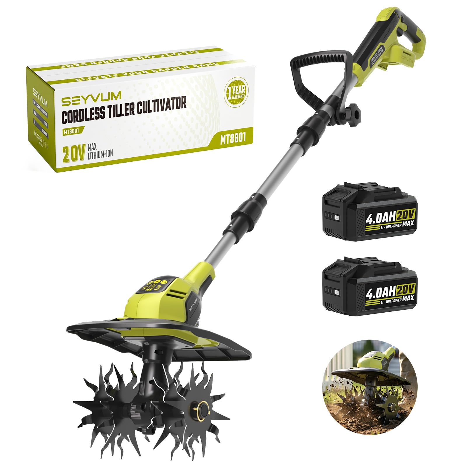 Akku Bodenhacke,Akku Gartenfräse,mit 2 x 4,0 Ah Akkus und Ladegerät,21V Elektro Motorhacke,18 cm Arbeitstiefe, 23cm Arbeitsbreite,48 Hackmesser für Beet, Acker & Landwirtschaft