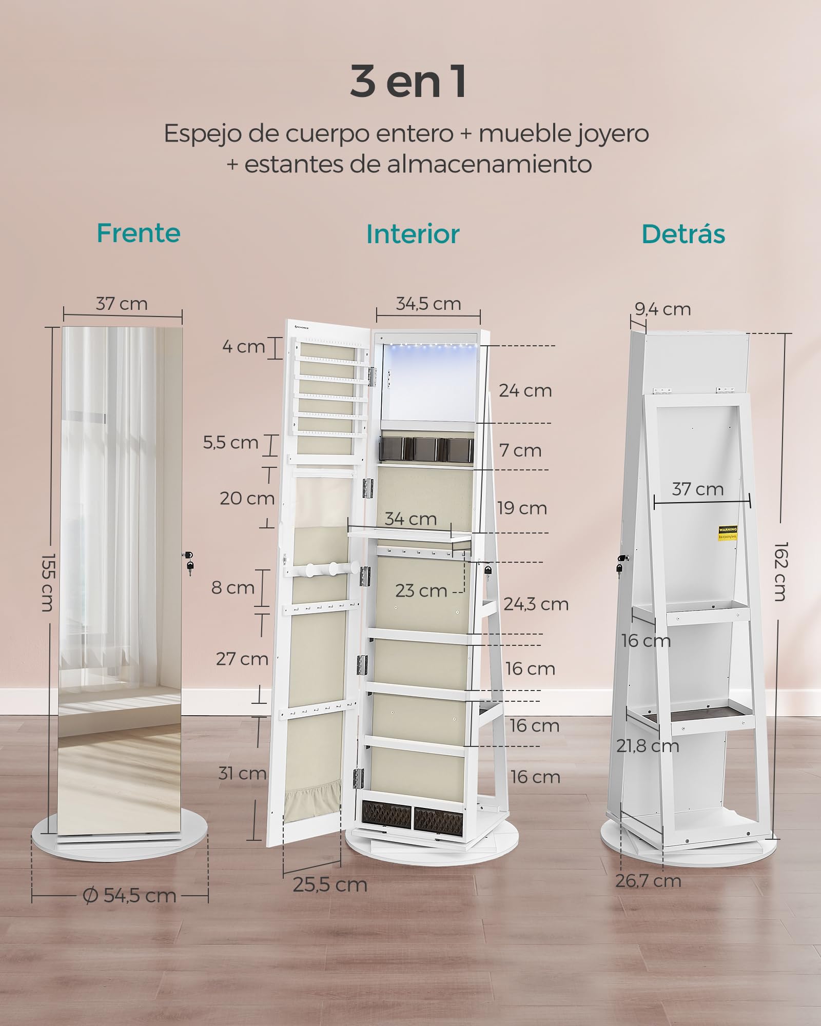 SONGMICS Espejo Joyero con 6 LEDs, Armario de Joyas de Giro de 360°, Organizador de Joyería Giratorio, sin Marco, Espejo Completo, 3 Estantes, Superficie Blanco, Forro Greige JJC007W02