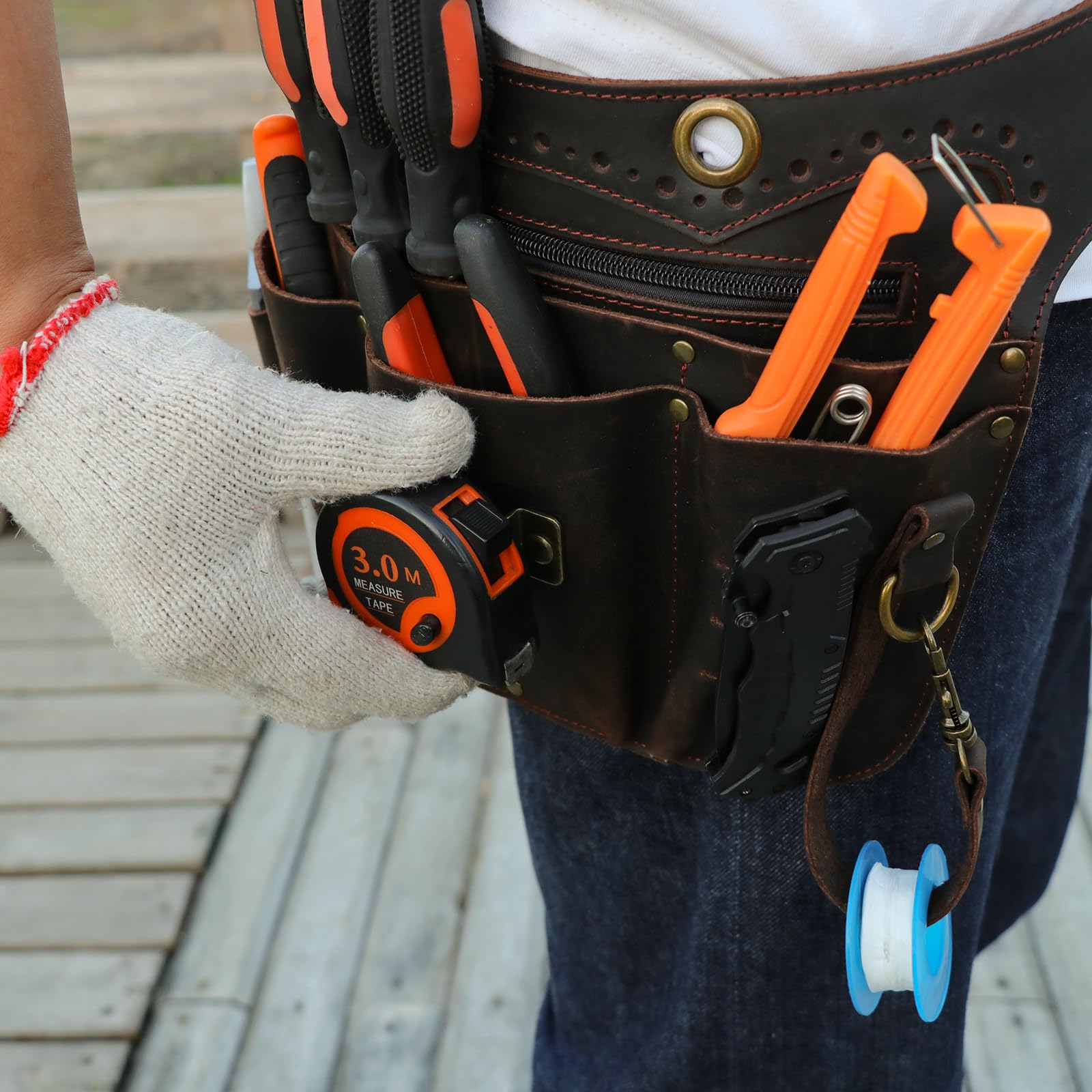 TOURBON - Bolsa de cuero genuino para cinturón de herramientas con trabilla ajustable para cinturón de martillo para electricistas, carpinteros, jardineros
