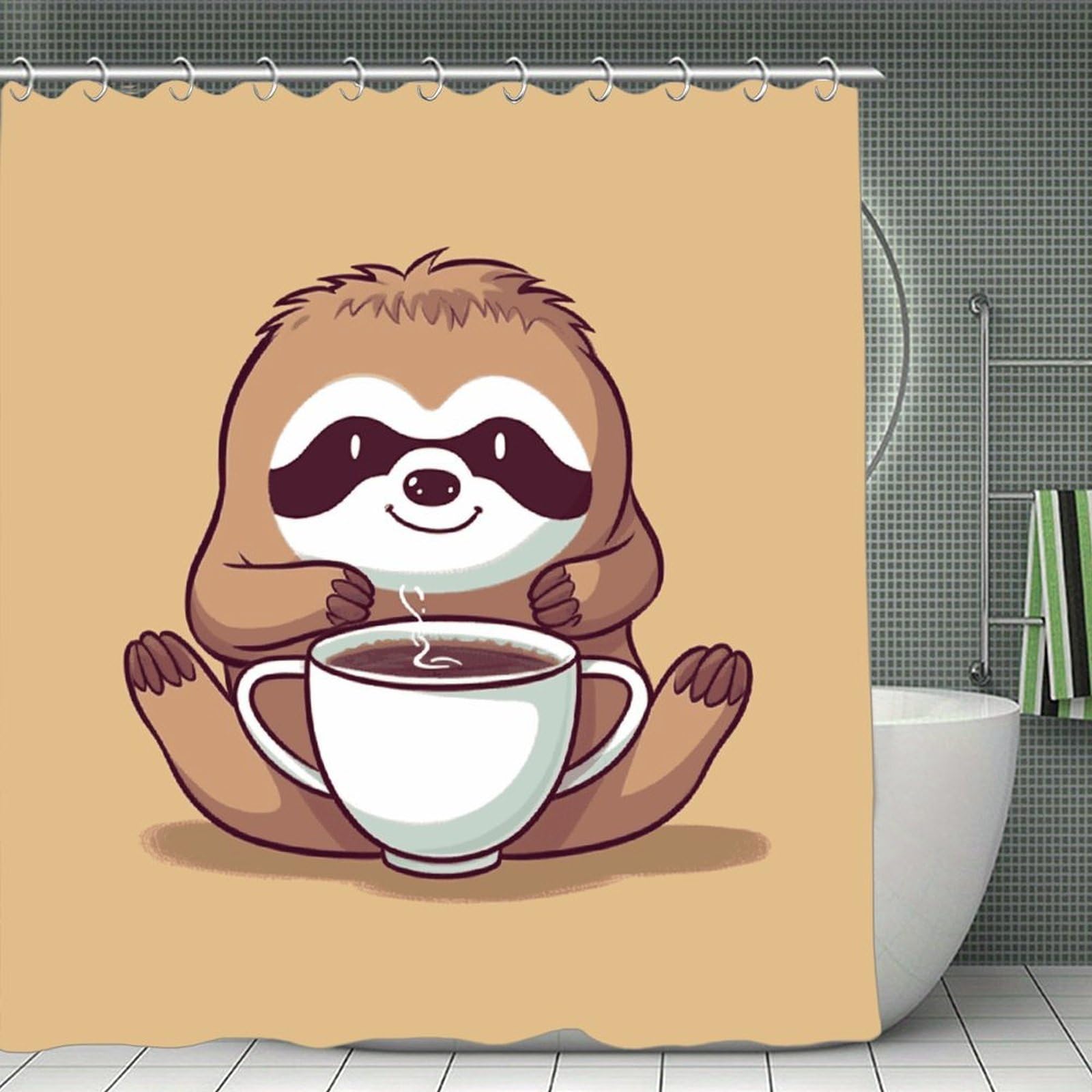 VstaDank Yoga Sloth Coffee Shower Curtain 71x71 Heavy Duty Polyester Cloth Bath Curtain with Hooks Thick Waterproof Shower Liner Fun Magic Decorative Bathroom Curtains for Bathtub
