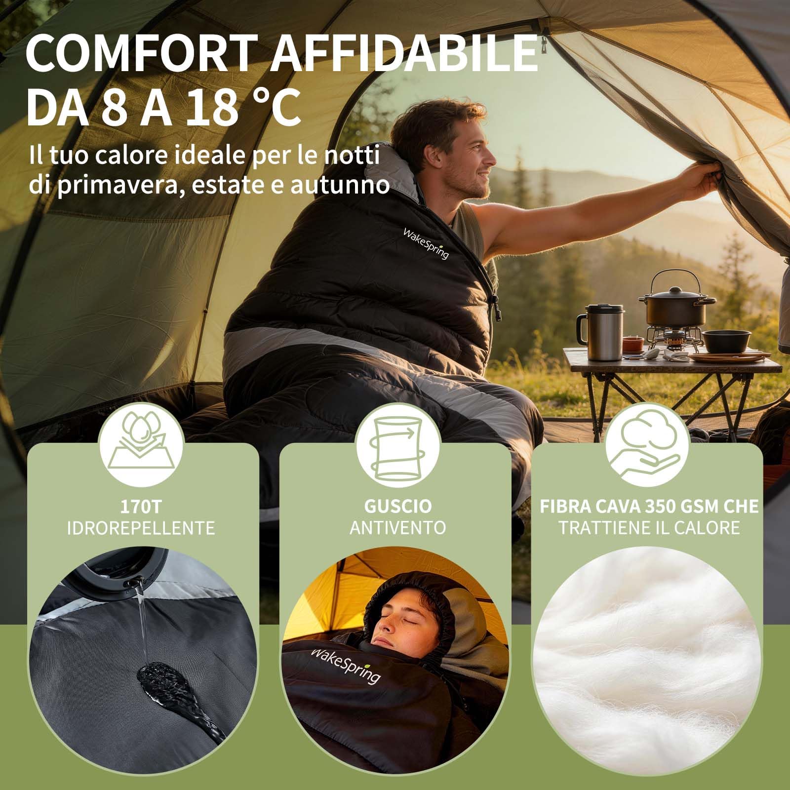 Sacco a Pelo Adulto 3 Stagioni, Leggero e Idrorepellente, Sacco a Pelo da Campeggio con Sacca, Unibile per Uso Doppio, Apribile come Coperta, per Camping, Escursionismo e Viaggio
