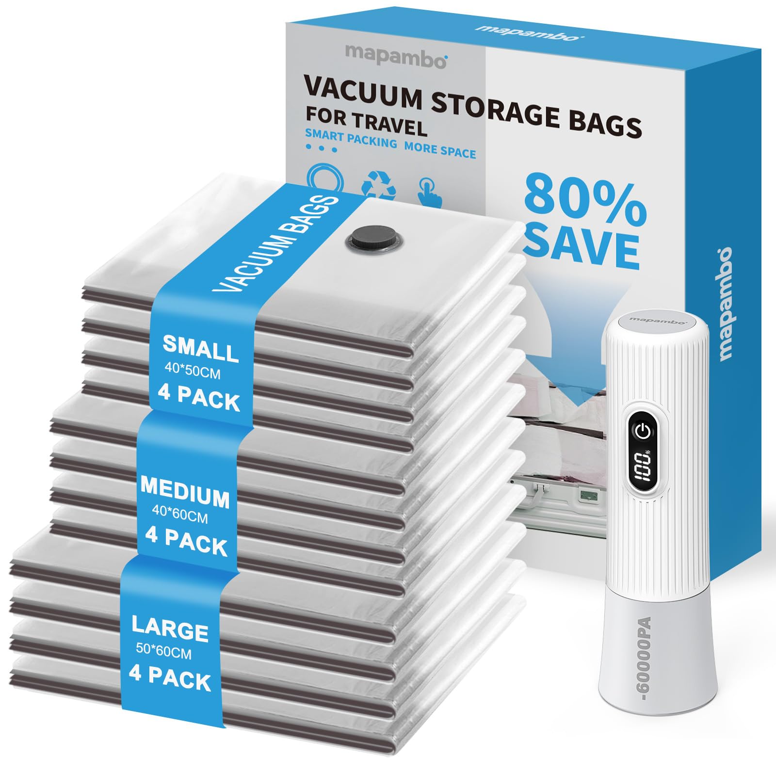 Reise Vakuumbeutel für Kleidung mit Kabellose Elektrischer -60000Pa Pumpe, 12 Stück Vacuum Storage Bags in 3 Größen(40 * 50/40 * 60/50 * 60CM), Sparen 80% Platz für Reisegepäck und Lagerung