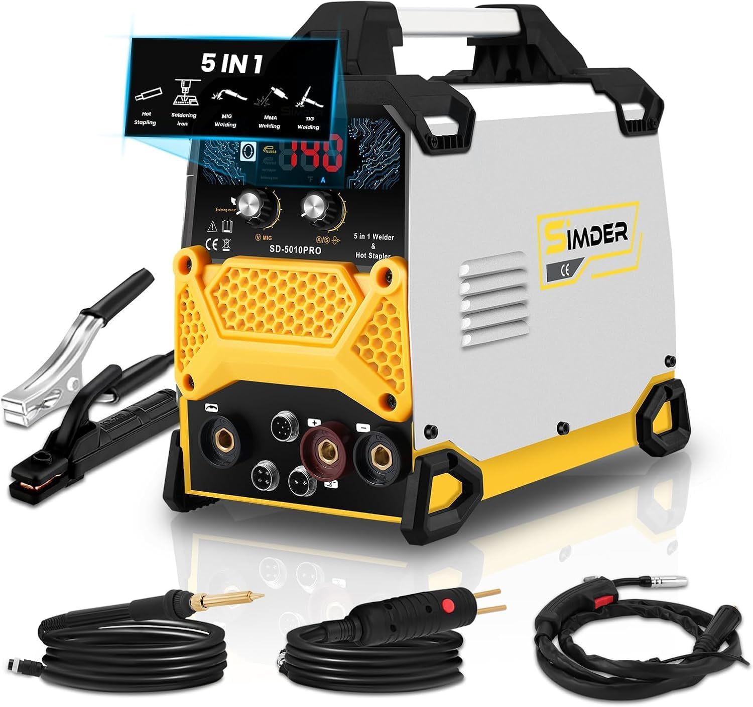 SSimder MIG Schweißgerät 240V 140A, Fülldrahtschweißen/Lift-WIG/MMA/Kunststoffschweißen/Heißklammern, 5-in-1 Schweißmaschine für Heimwerker & industrielle Anwendungen | 5-in-1 MIG Schweißgerät