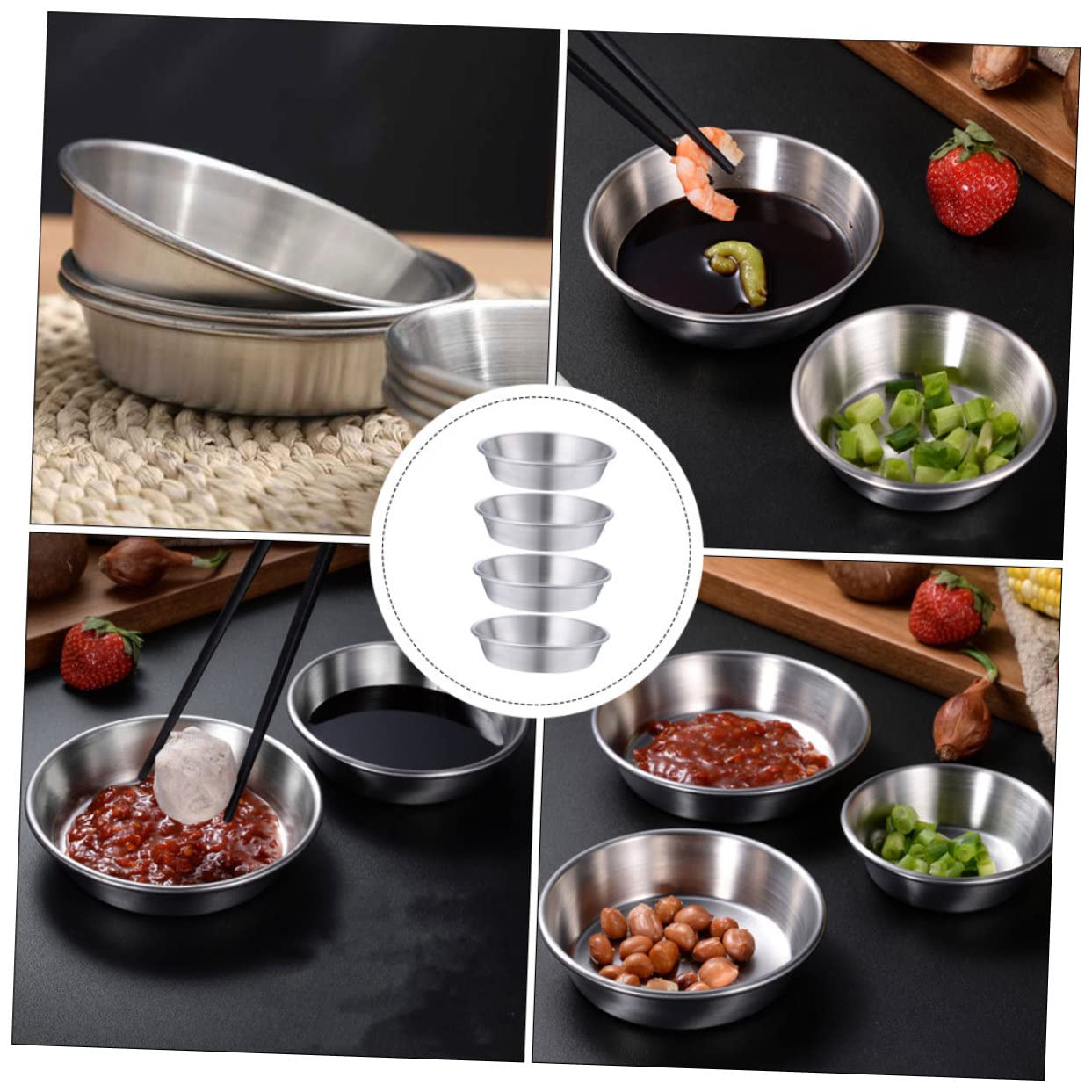 CIYODO 4pcs Round Saucer Dip Dish Dipping Sauce Plate Soy Sauce Plate Round Serving Platter Mini Plates Restaurant Accessories Egg Tart Tins Seasoning Plate Stainless Steel Silver