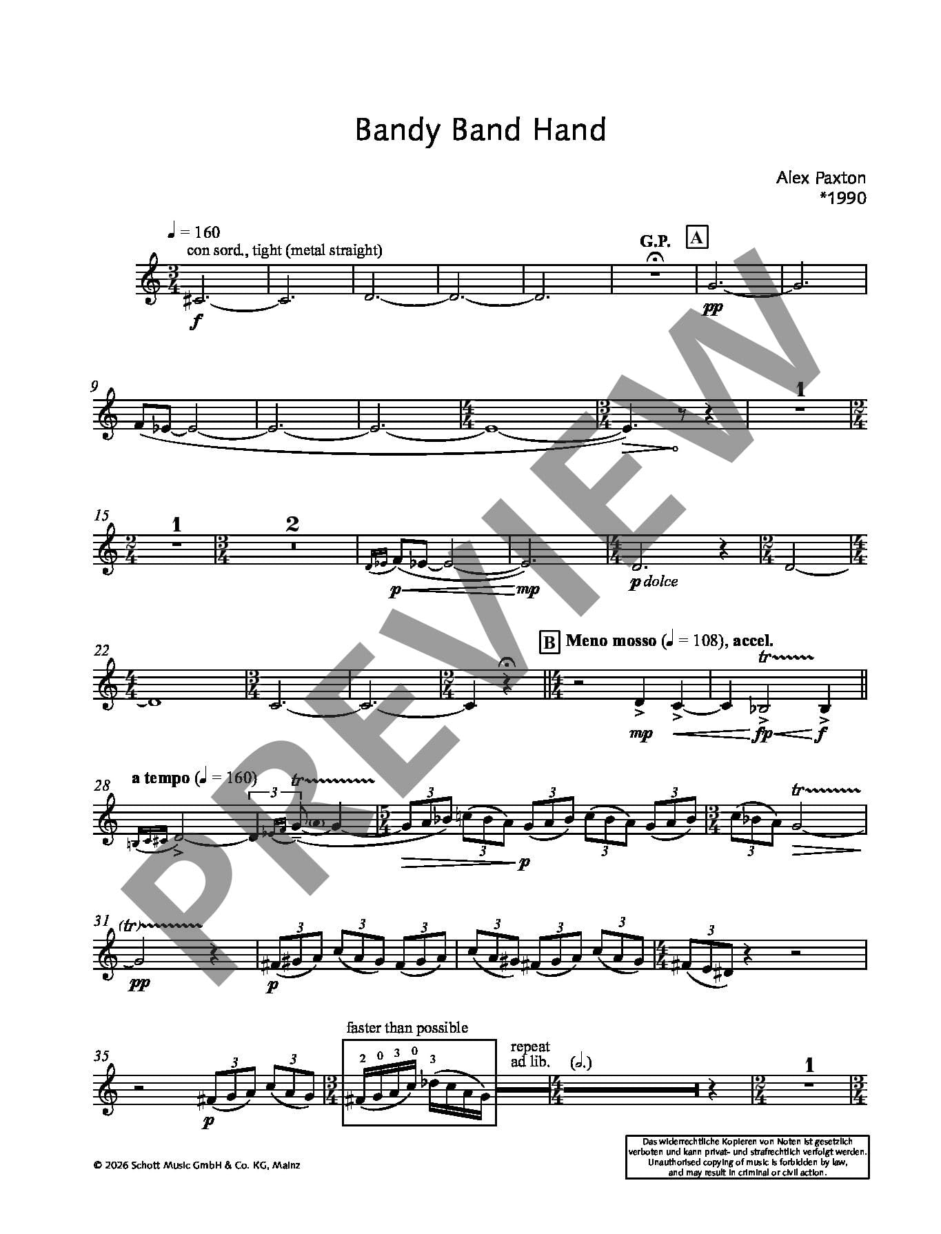 Bandy Band Hand: for brass quintet. 2 trumpets, horn, trombone and tuba. Partition et parties.