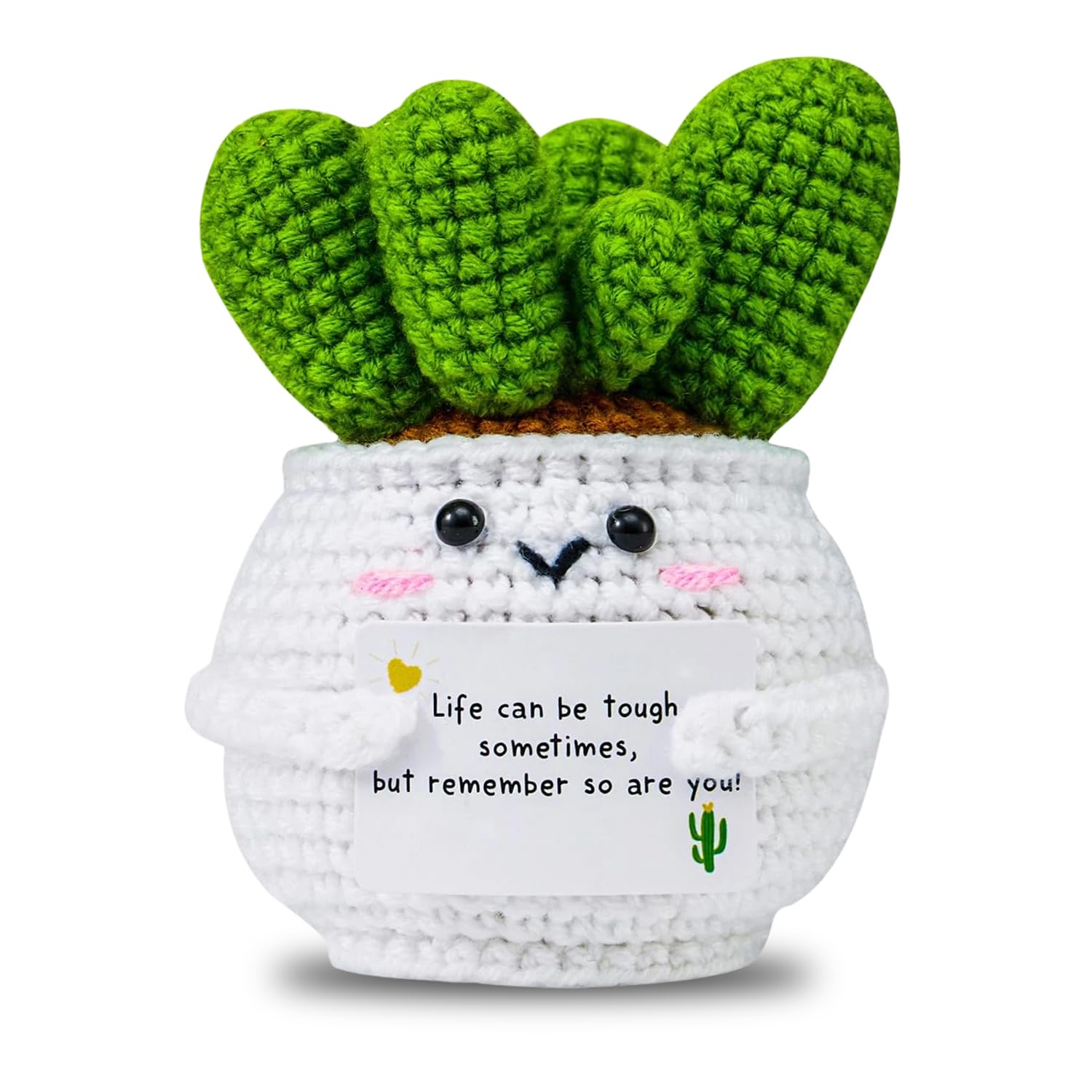 Crochet Positive Cactus,Emotional Support Gift, Handmade Knitted Cactus Plants Doll Toy,Funny Emotional Positivity Gifts with Encouraging Card for Desk Home Office
