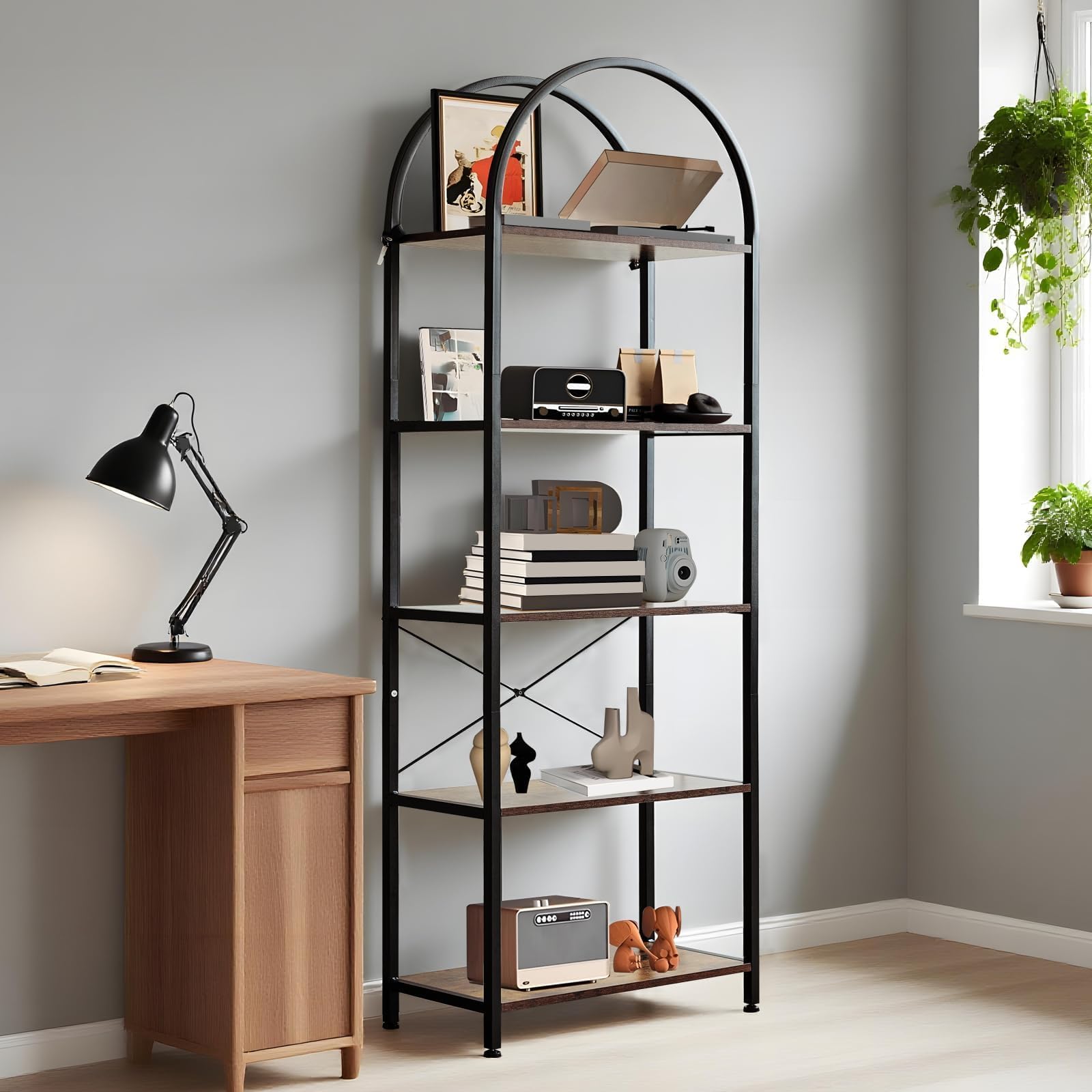 Libreria ad arco a 5 ripiani con metallo e – 60 x 28 x 180 cm scaffale per soggiorno, bagno e ufficio - marrone Display nd