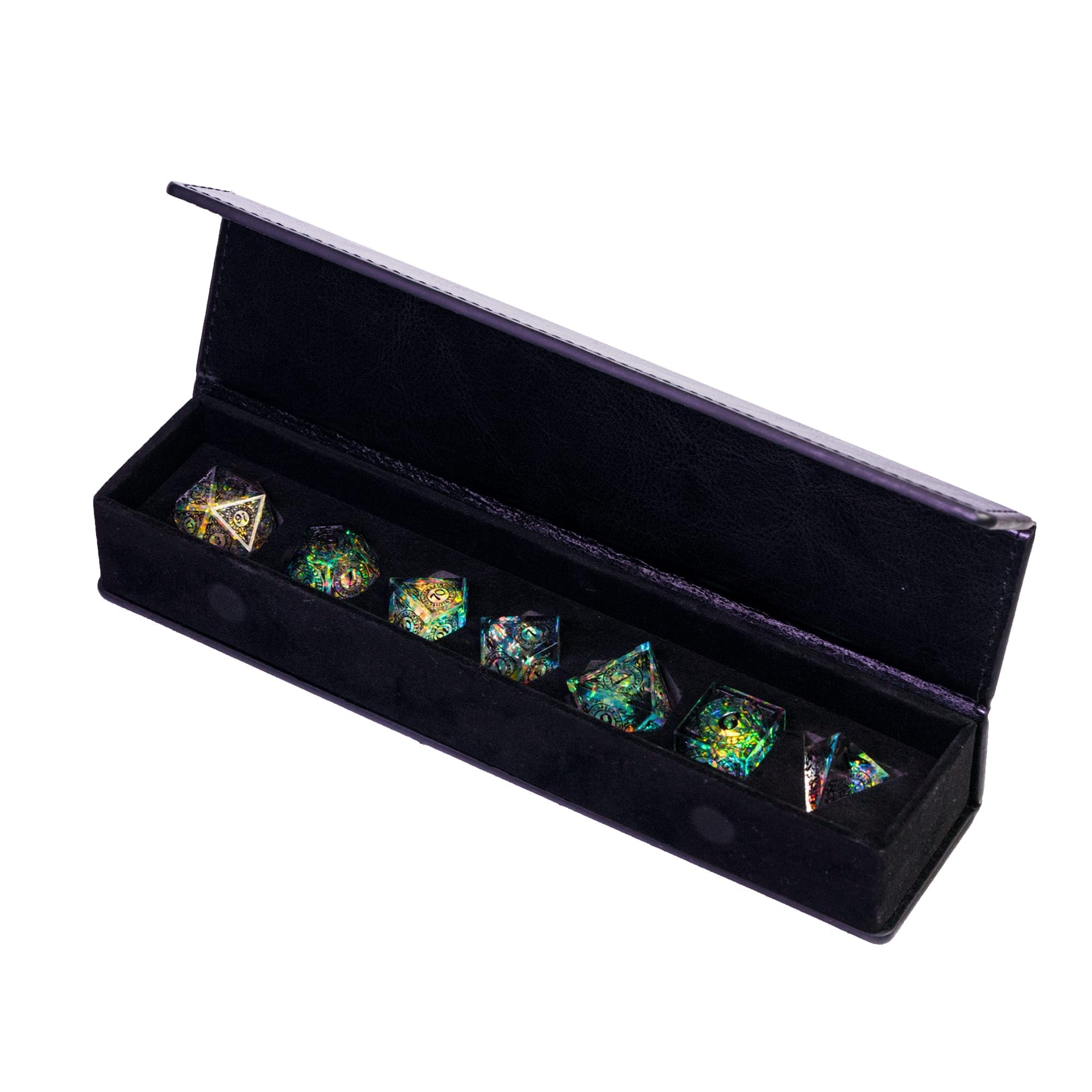 Premium Würfelset (W20 bis W4) - handgefertigte DND-Würfel, polyedrische RPG-Würfel für Dungeons and Dragons (D&D), Pathfinder, Cthulhu, DSA - 7-teiliges Set mit scharfen Kanten & Glitzer-Effekt