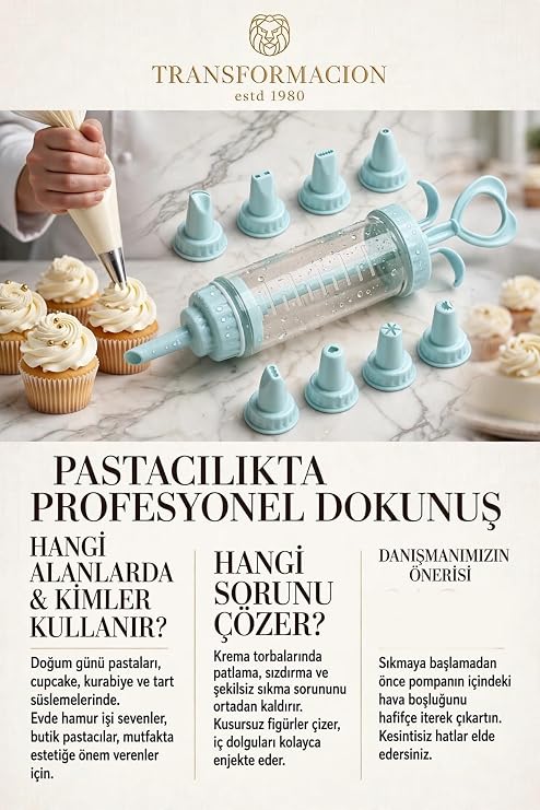 Transformacion 8 Başlıklı Enjektörlü Pasta Krema Süsleme Pompası Profesyonel Değişebilir Renkli Set 722555