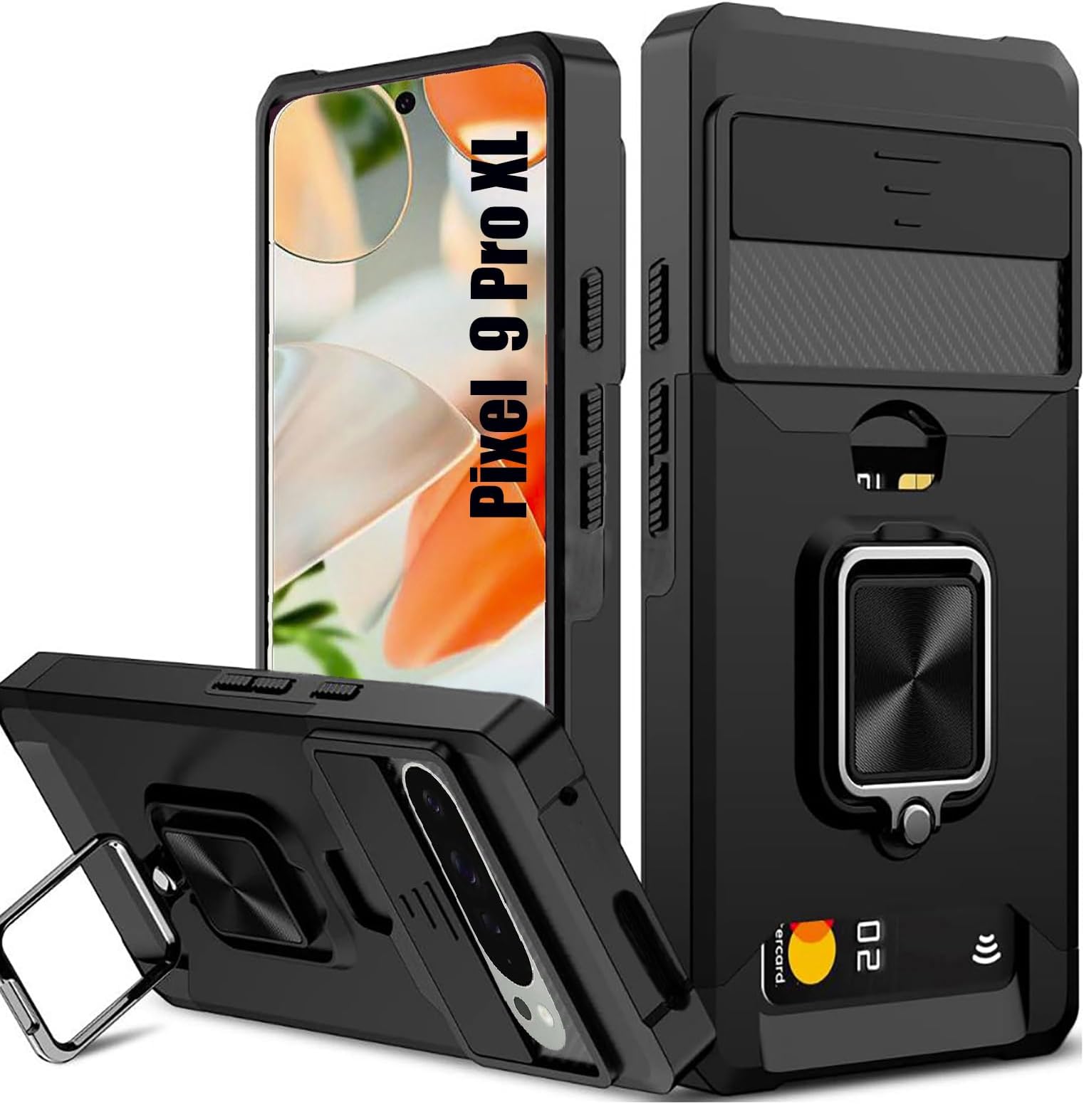 for Google Pixel 9 Pro XL Case with [Card Holder][Slide Camera Cover] [360° Rotate Ring Kickstand] Heavy Duty Protective Phone Case for Pixel 9 Pro XL Cover-Black