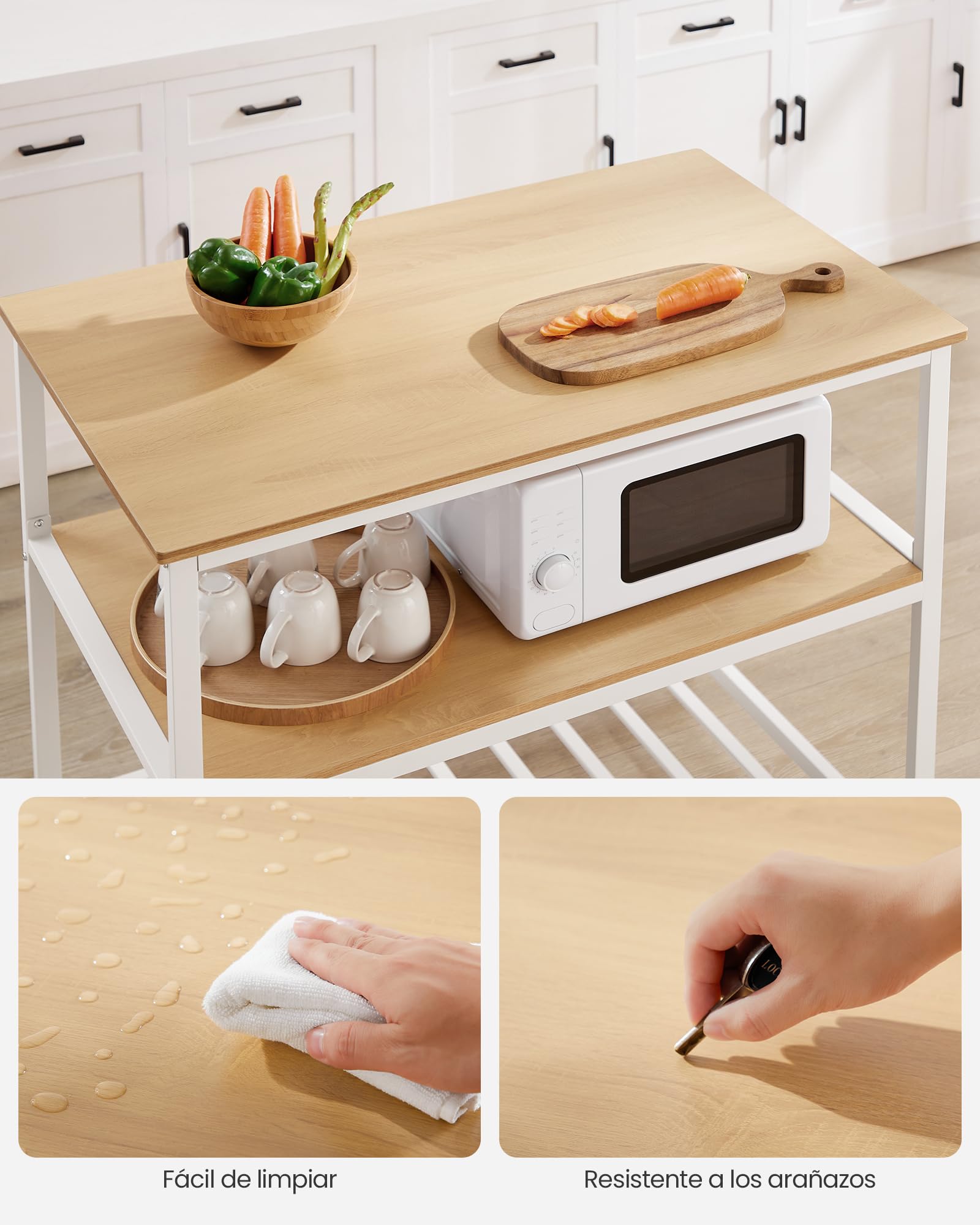 VASAGLE Isla de Cocina con Encimera Grande, Estantería de Cocina de 3 Niveles, Marco de Acero, 60 x 100 x 90 cm, Estilo Industrial, Fácil de Montar, Beige Roble y Blanco KKI005W09