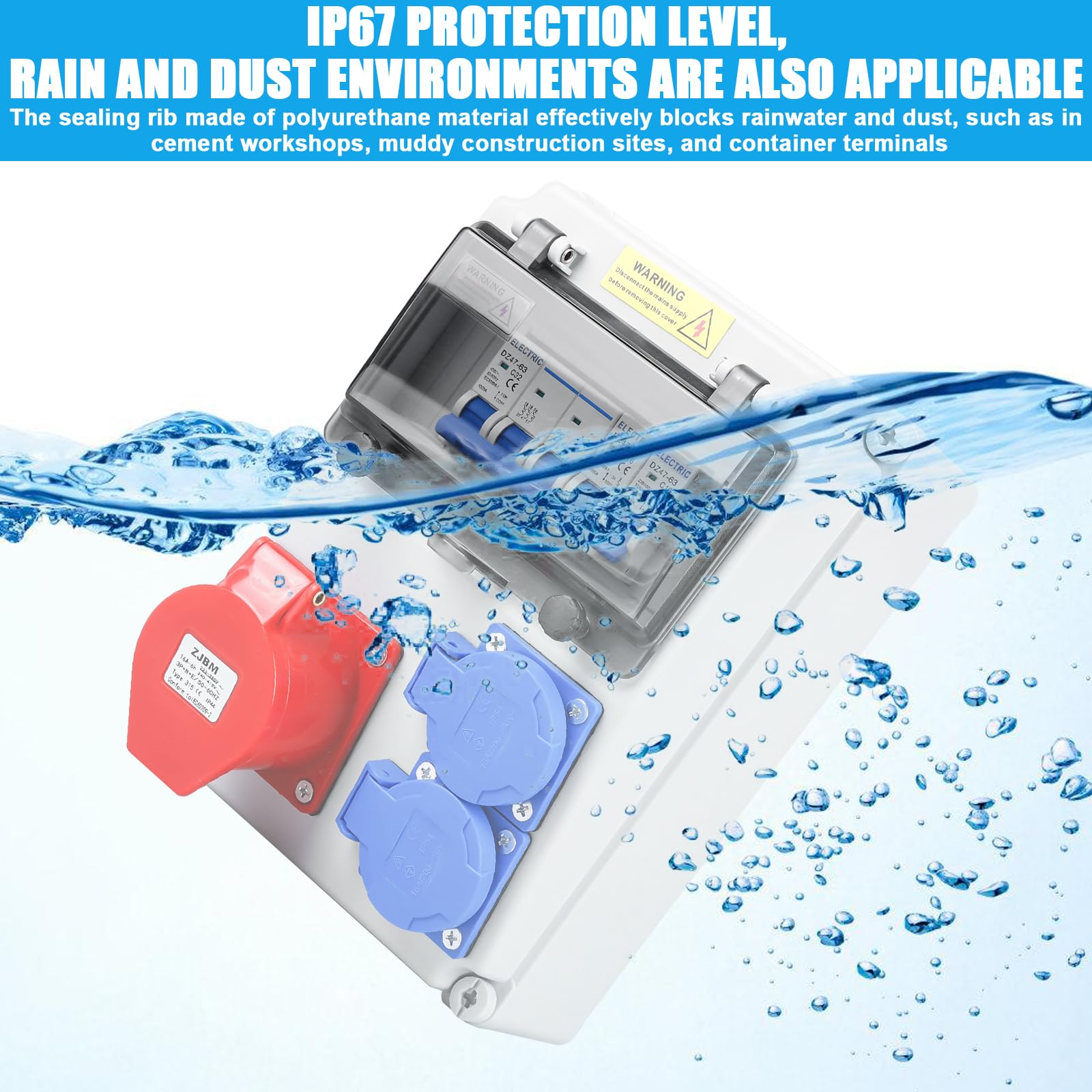 Caja de distribución, distribuidor de corriente para obra, distribuidor de pared, con interruptor automático, 2 tomas Schuko y CEE 16A, distribuidor de corriente impermeable, completamente