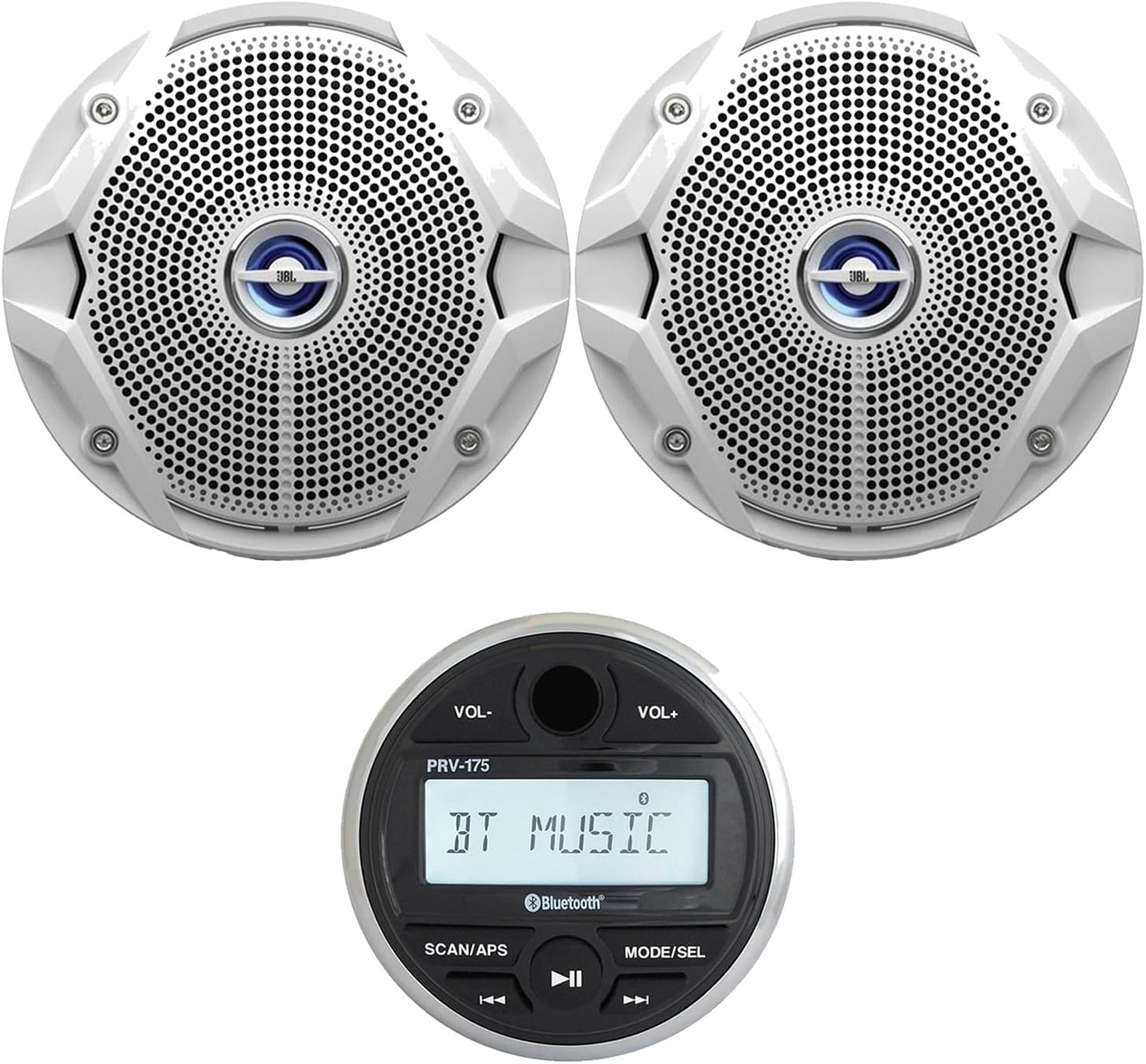 JBL PRV-175 Marine Boat Yacht 180W Media USB AUX Gauge Style Bluetooth Stereo Receiver Bundle With 2 X MS6510 6.5" White Stereo Speakers