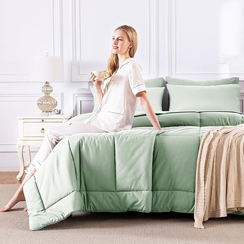 Miniatura 7 de CozyLux Juego de edredón tamaño King, color verde salvia, 7 piezas en una bolsa, edredón verde tamaño King, juegos de ropa de cama para todas las