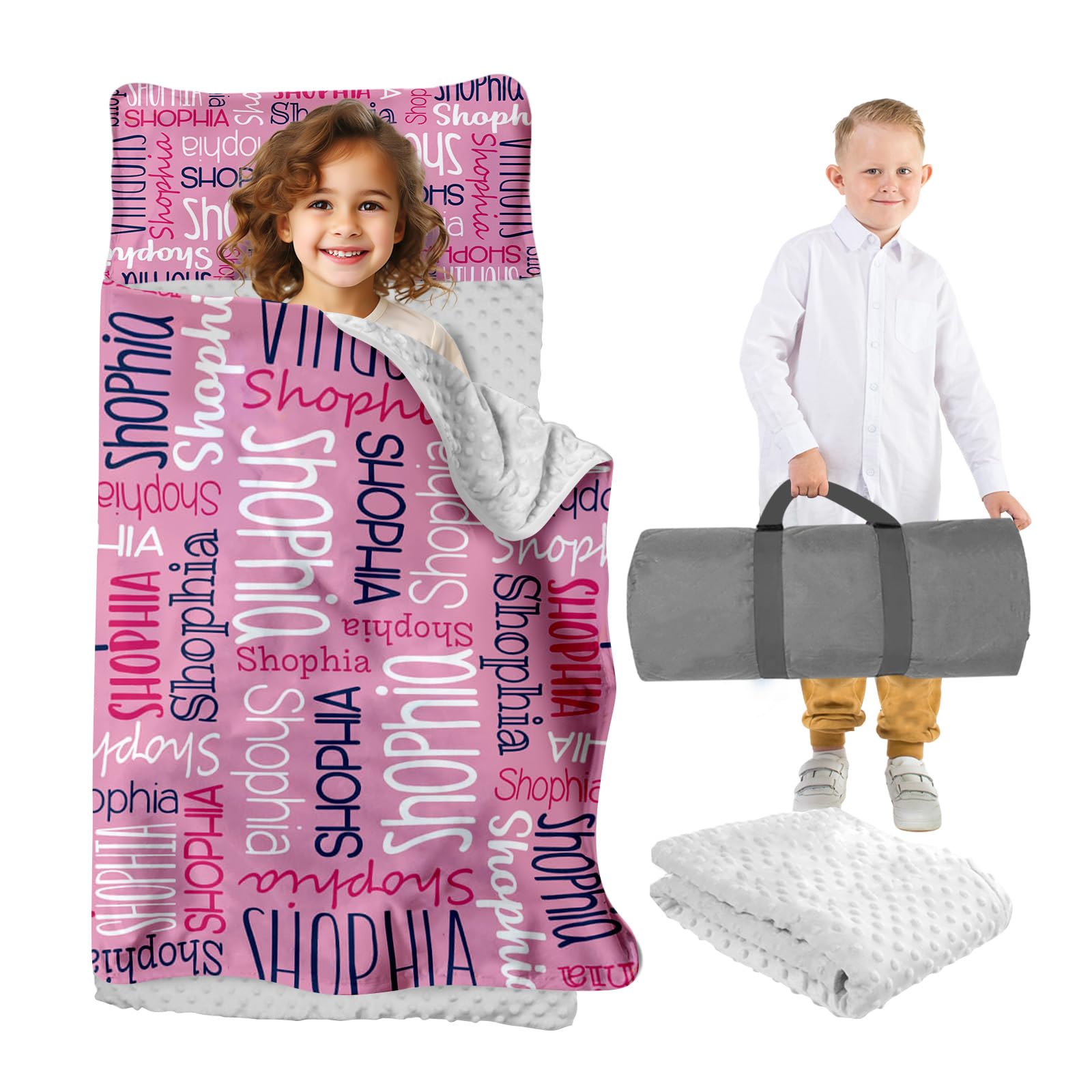 Custom Toddler Nap Mat for Preschool, Personalized Monogram Name Sleep Mats for Kids Daycare, Roll Up Sleeping Bag with Removable Pillow & Dotted Back Blanket for 2-15 Years Boys Girls Color07