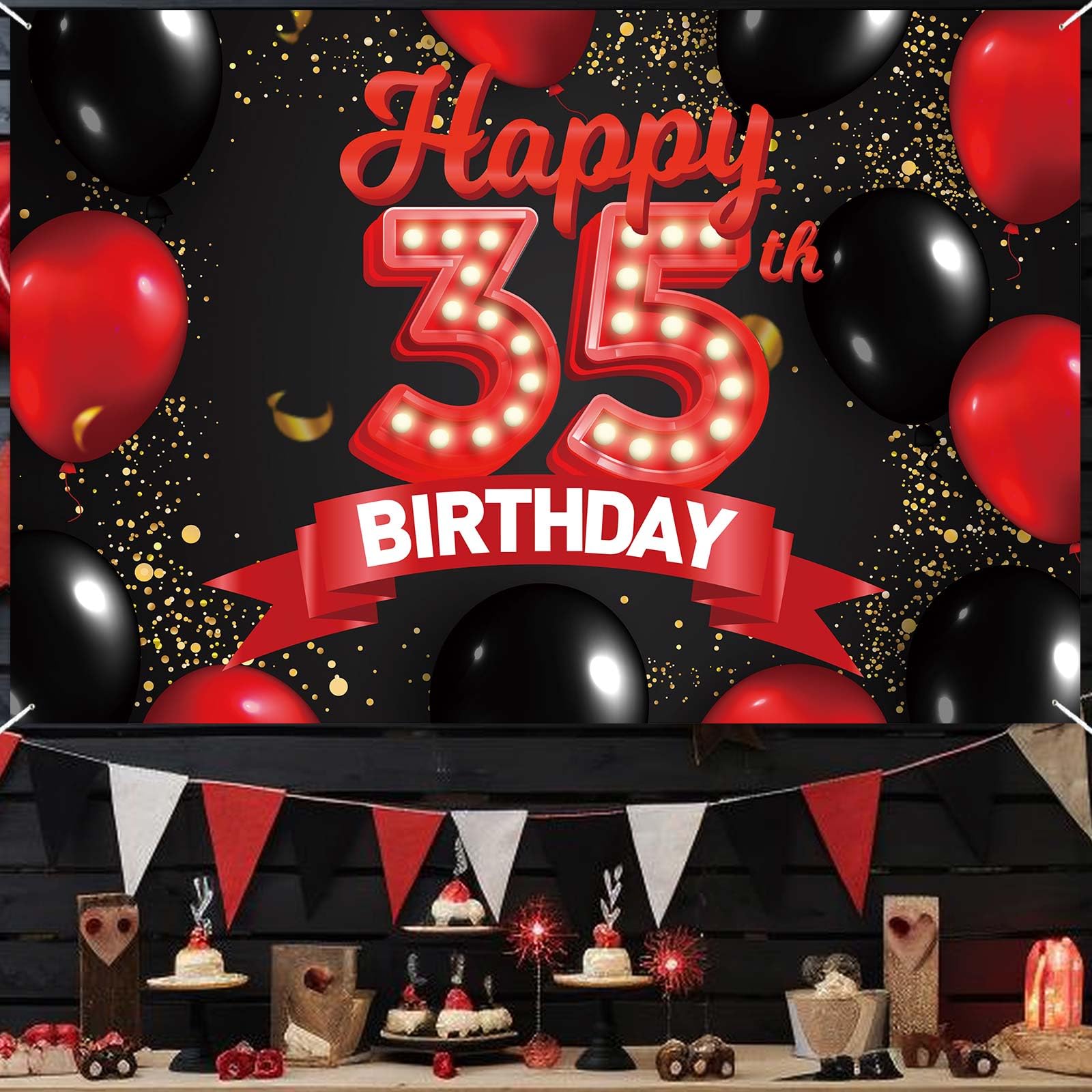 Happy 35th Birthday Honeycomb Centerpieces - Red & Black Table Decor Balloons For Women's Party