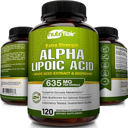 Miniatura 3 de NutriFlair Ácido alfa lipoico 600 mg, 120 cápsulas - con extracto de semilla de uva y pimienta negra BioPerine - Extra fuerte