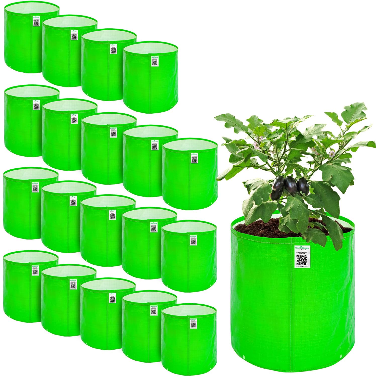 Anandi Green's HDPE Uv Protected 260 GSM Round Green Colour Plant Bags Suitable for Terrace and Vegetable Gardening Size 12x12 Inch Pack of 20 Grow Bags