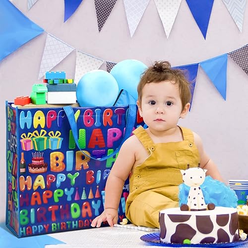 Miniatura 4 de Kajaia Bolsas de Regalo, 4 Piezas Extra Grandes Suministros para Fiestas de Cumpleaños, Tela No Tejida, Reutilizables, Diseños Coloridos, 16 x 20