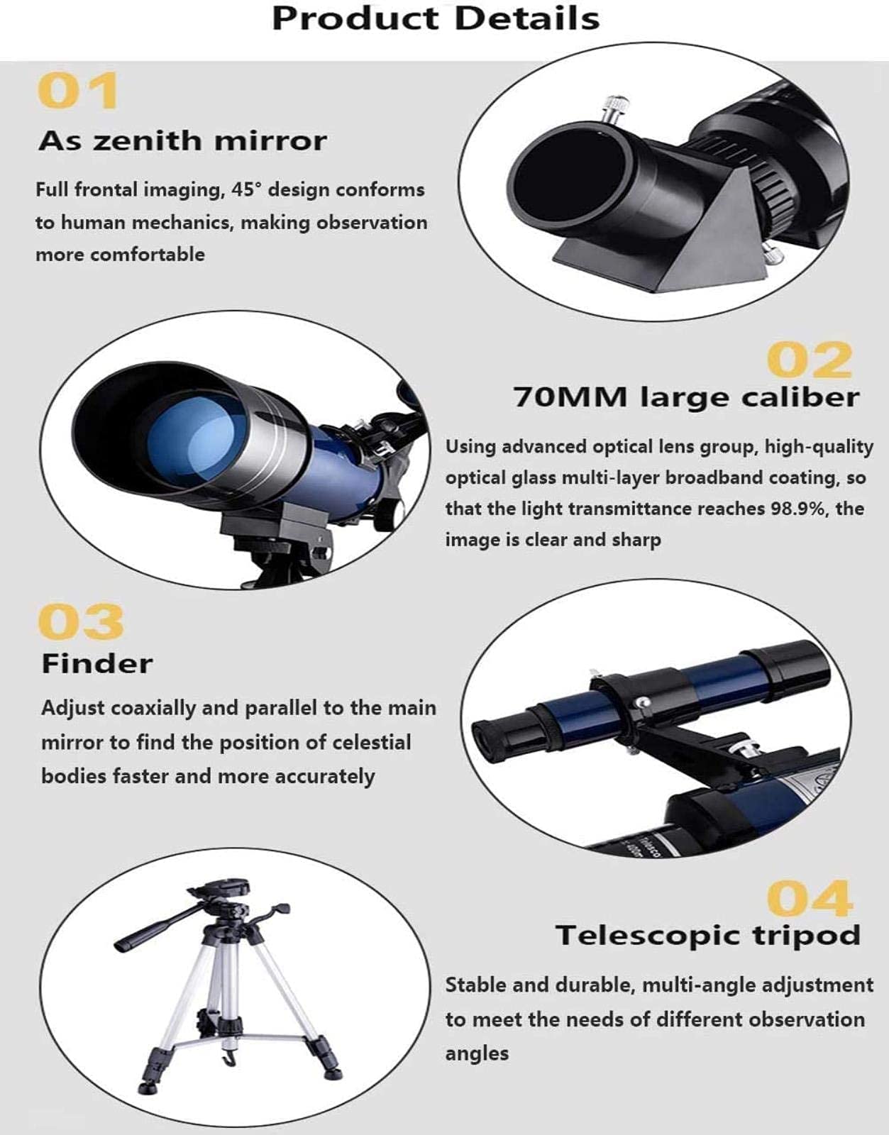 Télescope astronomique Ultra HD 400/70 mm avec trépied réglable et Adaptateur pour Smartphone, télescope Portable HD pour débutants, Double Confort