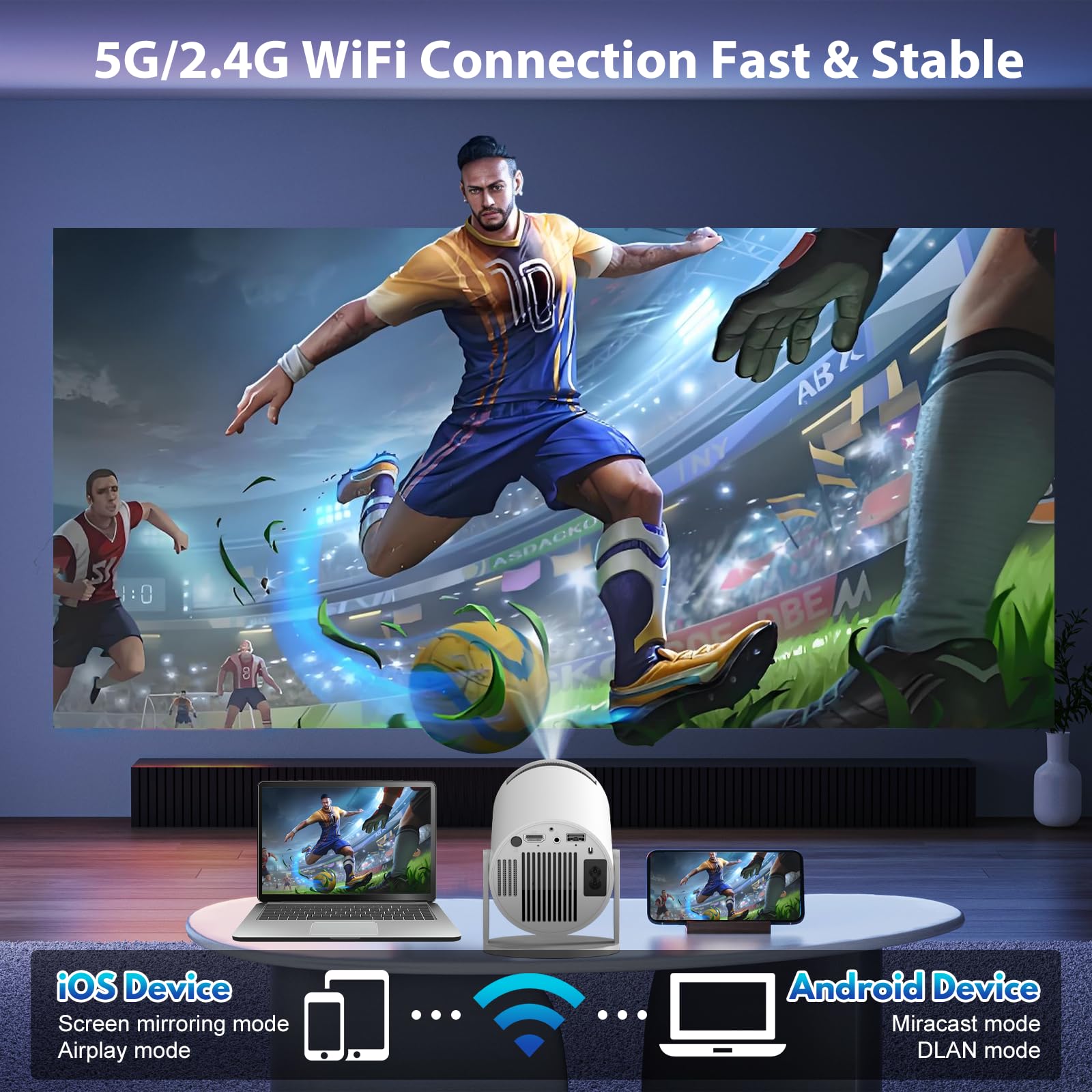 [App Integrada] Mini Proyector 2026 Upgraded Proyector Portátil, Dual Control con Ratón WiFi 6 BT5.2 180° Rotation Compatible con HDMI/TV Stick/USB/Laptop, con Ratón, Blanco